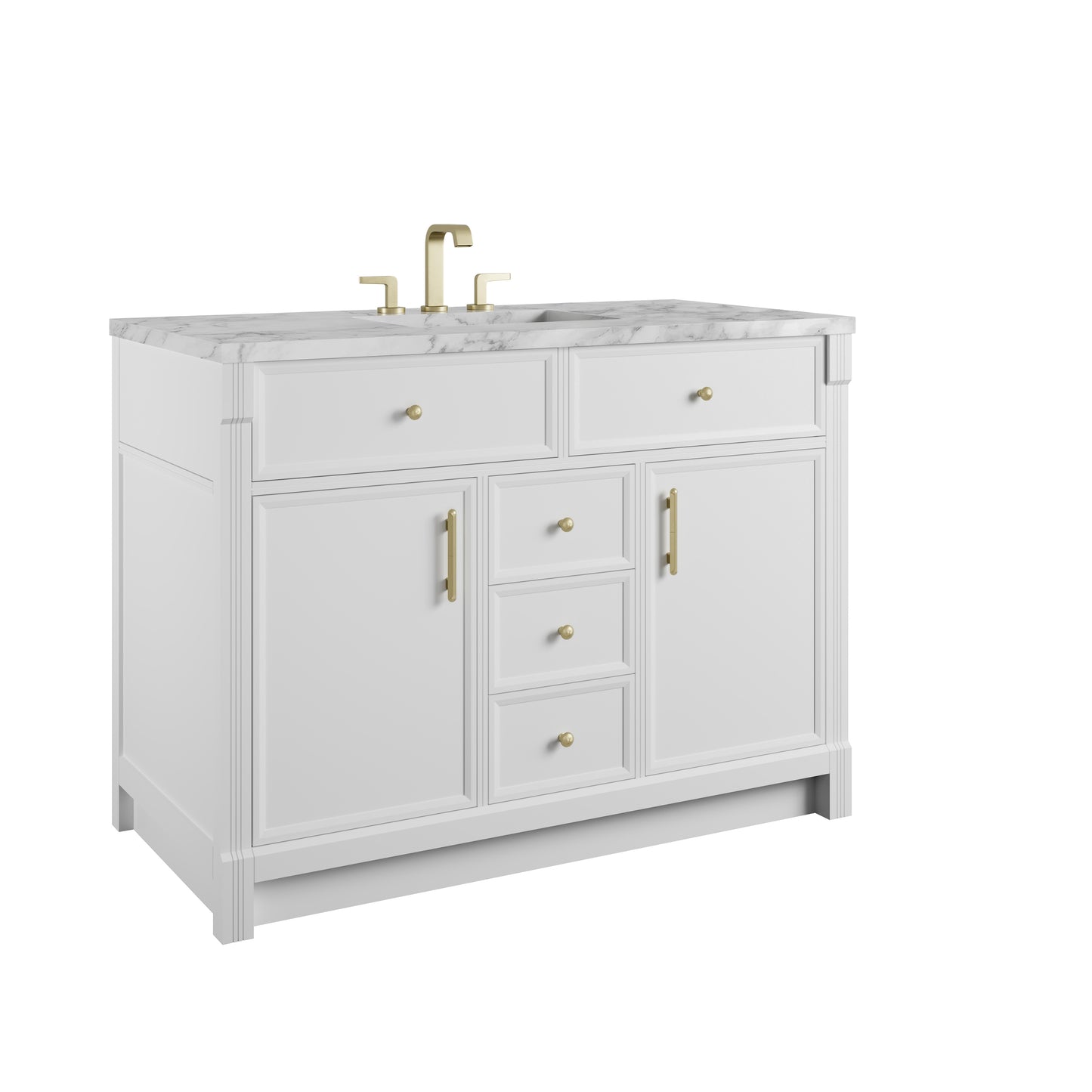 Renovate for Less Atlanta Bellshire 48" Single Vanity, Bright White w/ 3 CM Carrara Marble Top