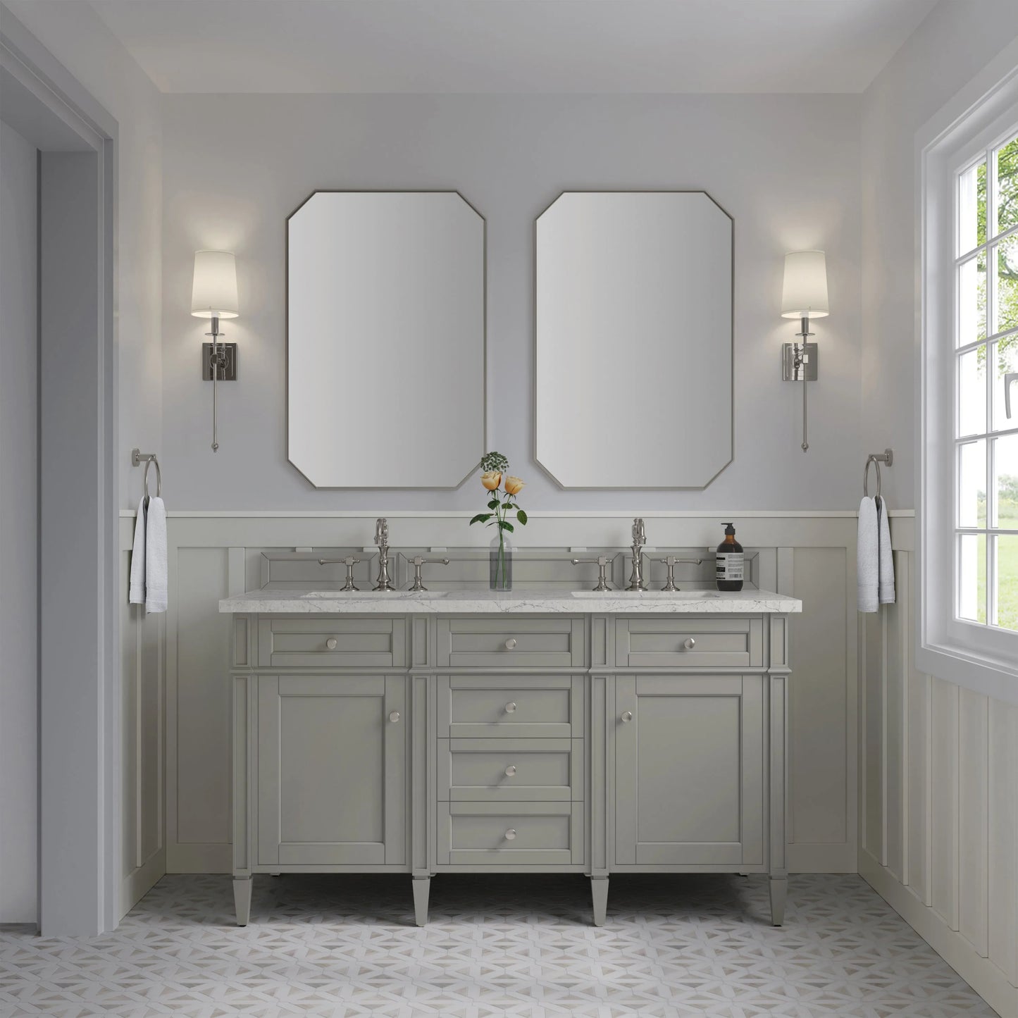 Brittany 60" Double Vanity, Urban Gray w/ 3 CM Eternal Jasmine Pearl Silestone Top