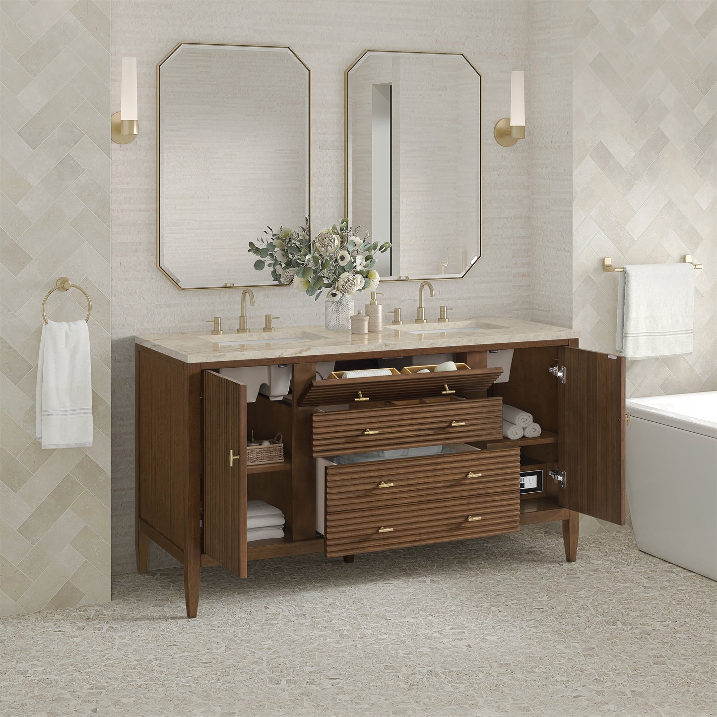 Renovate for Less Atlanta Myrrin 60" Double Vanity, Mid Century Walnut, w/ 3 CM Tajnar Eclos Top w/FreePower Wireless Charger
