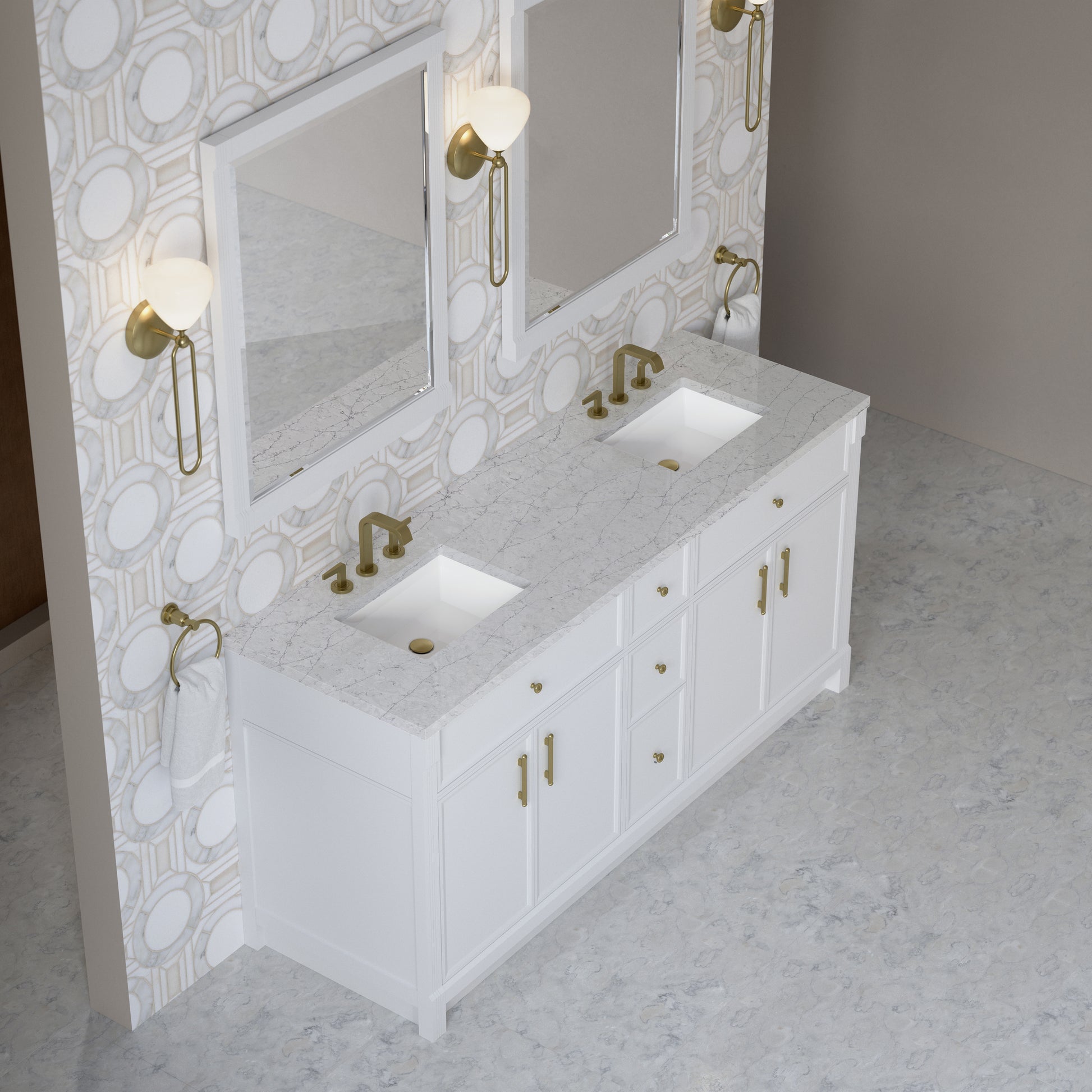 Renovate for Less Atlanta Bellshire 72" Double Vanity, Bright White w/ 3 CM Eternal Jasmine Pearl Silestone Top