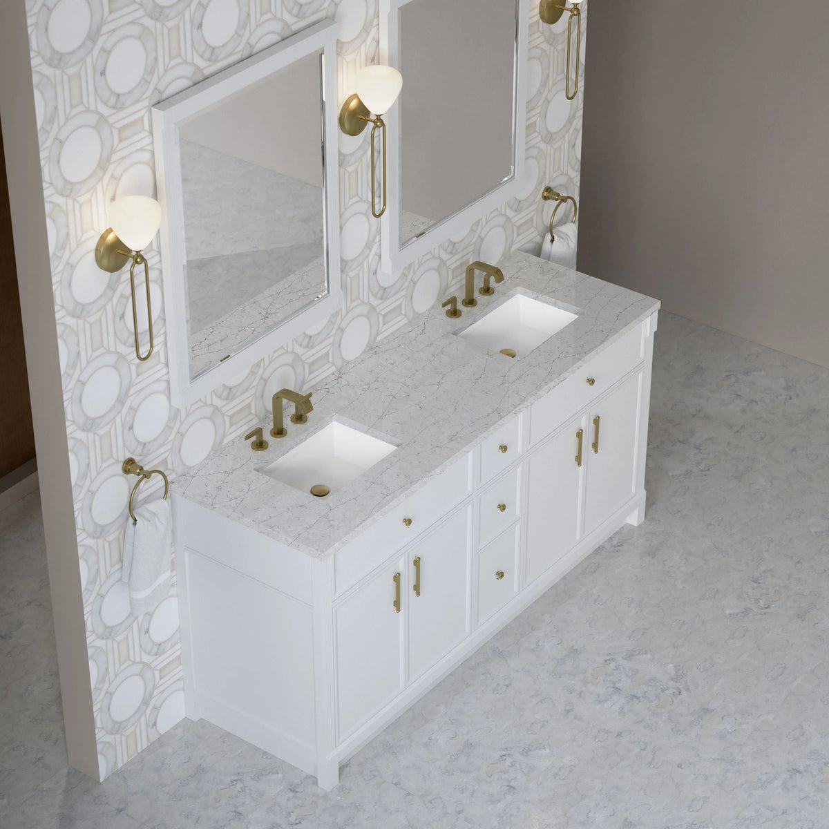 Bellshire 72" Double Vanity, Bright White w/ 3 CM Eternal Jasmine Pearl Silestone Top