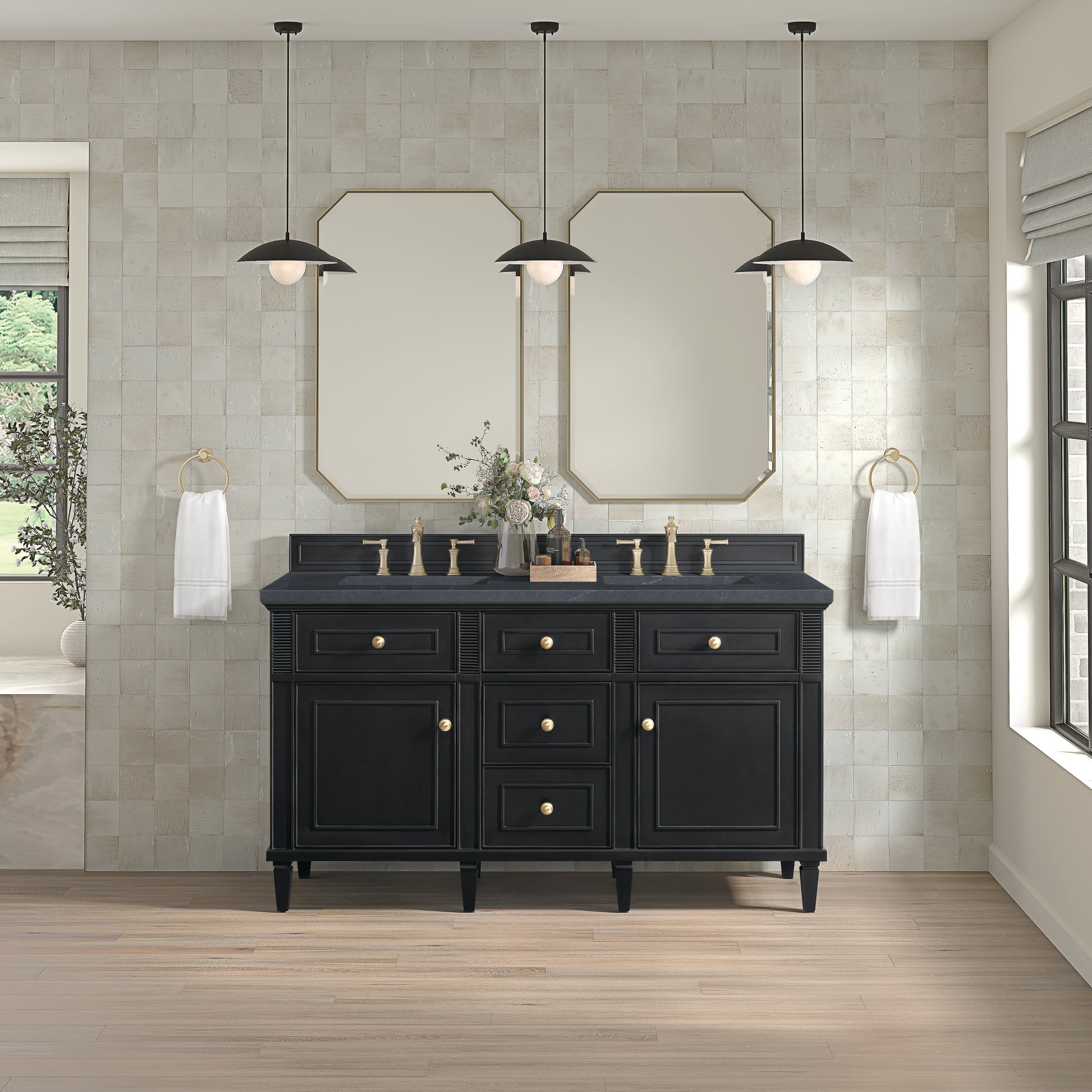 Renovate for Less Atlanta Lorelai 60" Double Vanity, Black Onyx w/ 3 CM Charcoal Soapstone Silestone Top