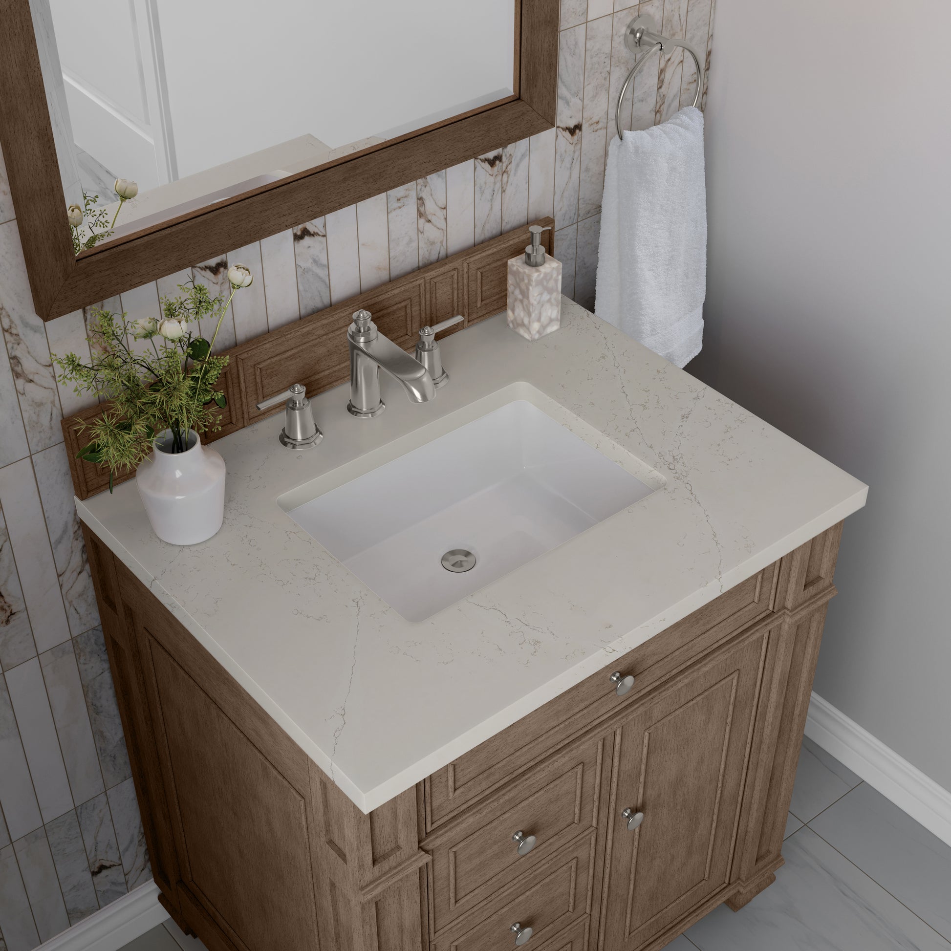 Renovate for Less Atlanta Bristol 30" Single Vanity, Whitewashed Walnut, w/ 3 CM Siberian Silestone Top