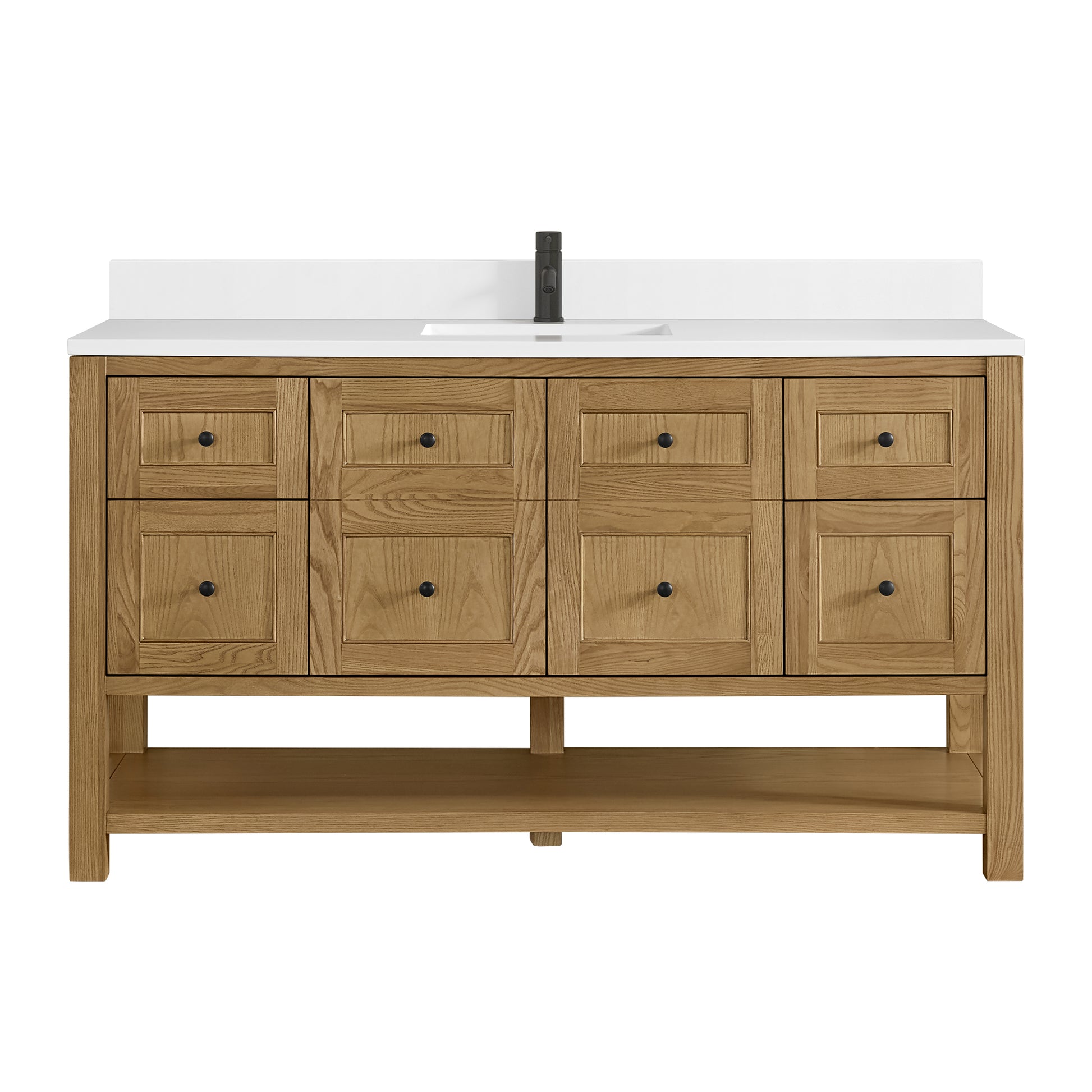 Renovate for Less Atlanta Breckenridge 60" Single Vanity, Light Natural Oak, w/ Single Hole 3 CM White Zeus Quartz Top & Backsplash