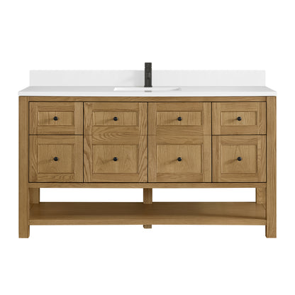 Renovate for Less Atlanta Breckenridge 60" Single Vanity, Light Natural Oak, w/ Single Hole 3 CM White Zeus Quartz Top & Backsplash