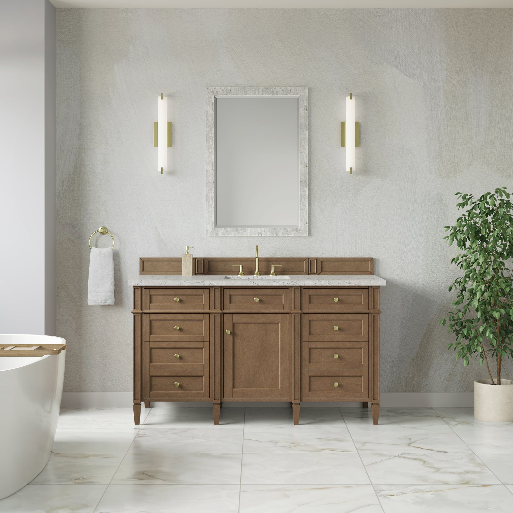 Renovate for Less Atlanta Brittany 60" Single Vanity, Pecan w/ 3 CM Eternal Jasmine Pearl Silestone Top w/FreePower Wireless Charger