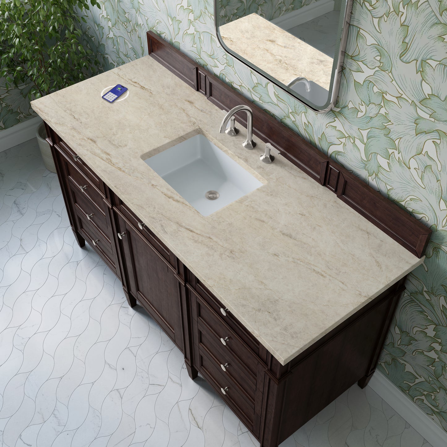 Renovate for Less Atlanta Brittany 60" Single Vanity, Burnished Mahogany, w/ 3 CM Tajnar Eclos Top w/FreePower Wireless Charger
