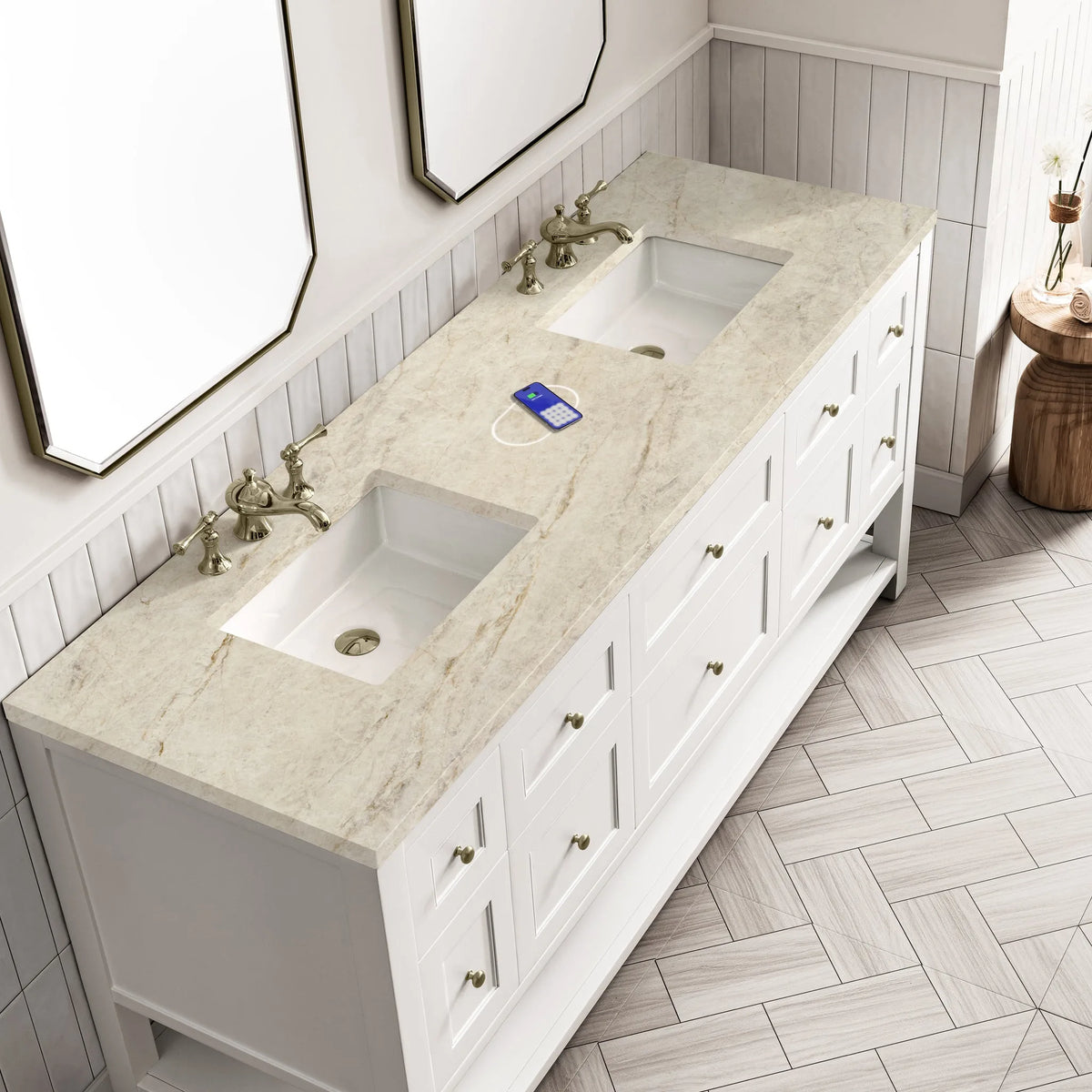 Breckenridge 72" Double Vanity, Bright White, w/ 3 CM Tajnar Eclos Top w/FreePower Wireless Charger