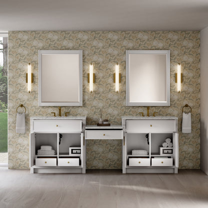Renovate for Less Atlanta Bellshire 96" Dual Vanity Set with 24" Make-Up Counter, Bright White w/3 cm Eternal Jasmine Pearl Silestone Top