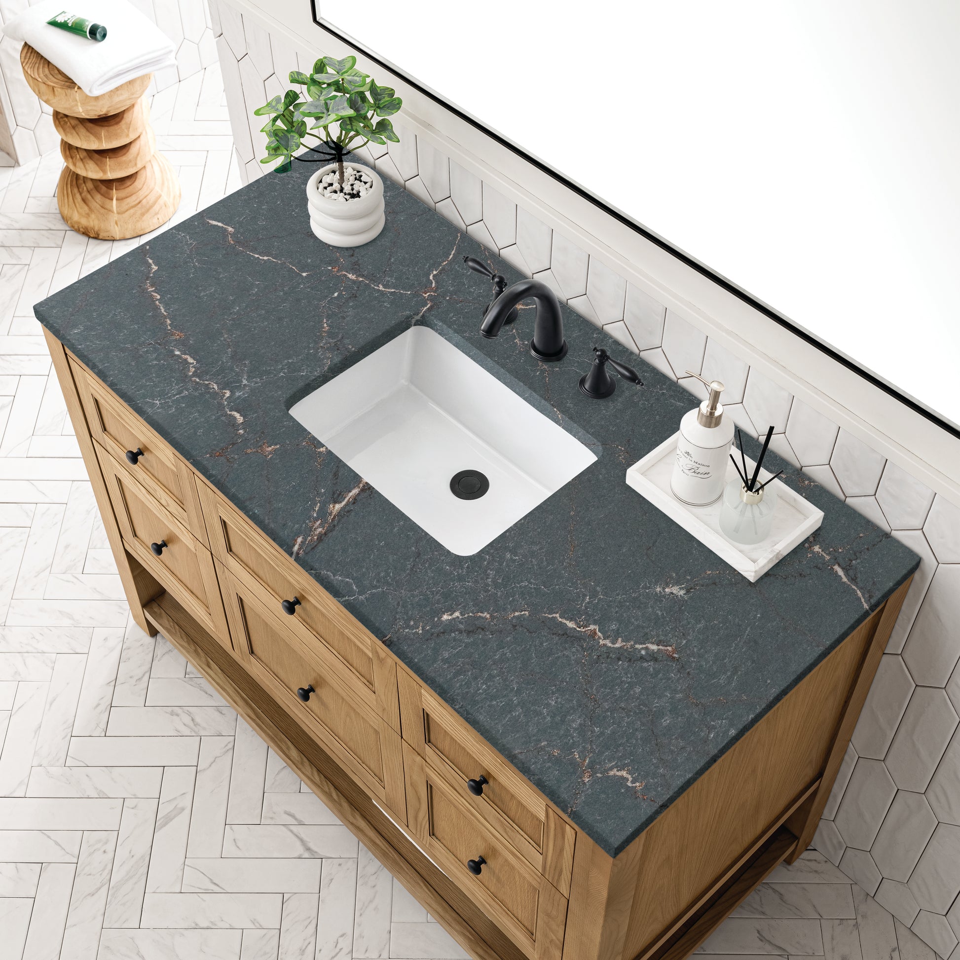 Renovate for Less Atlanta Breckenridge 48" Single Vanity, Light Natural Oak w/ 3 CM Parisien Bleu Top