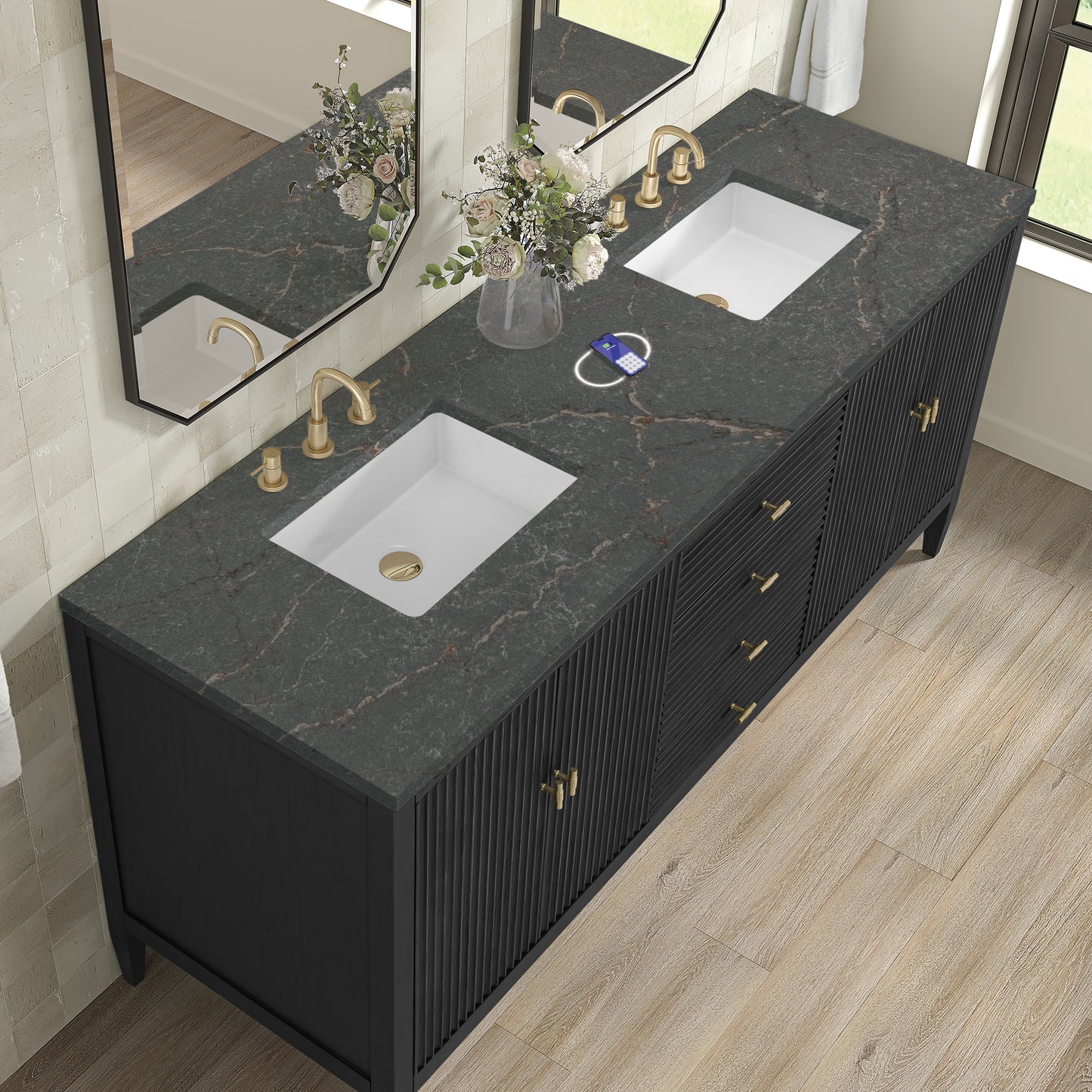 Renovate for Less Atlanta Myrrin 72" Double Vanity, Carbon Oak w/ 3 CM Parisien Bleu Silestone Top w/FreePower Wireless Charger