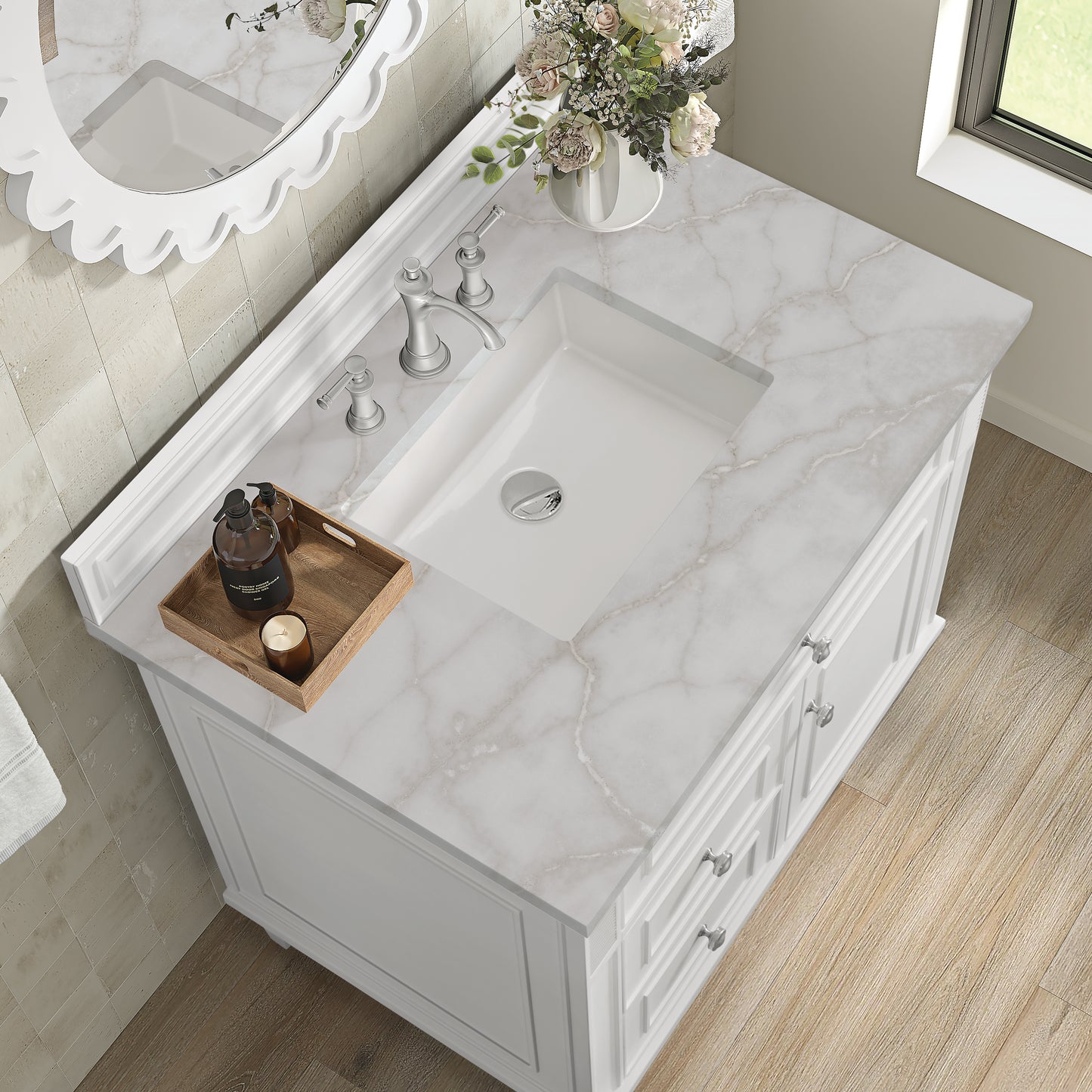Renovate for Less Atlanta Lorelai 36" Single Vanity, Bright White w/ 3 CM Victorian Silver Silestone Top