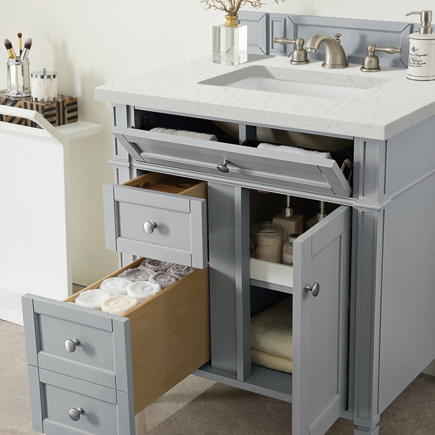 Renovate for Less Atlanta Brittany 30" Single Vanity, Urban Gray, w/ 3 CM Lime Delight Silestone Top