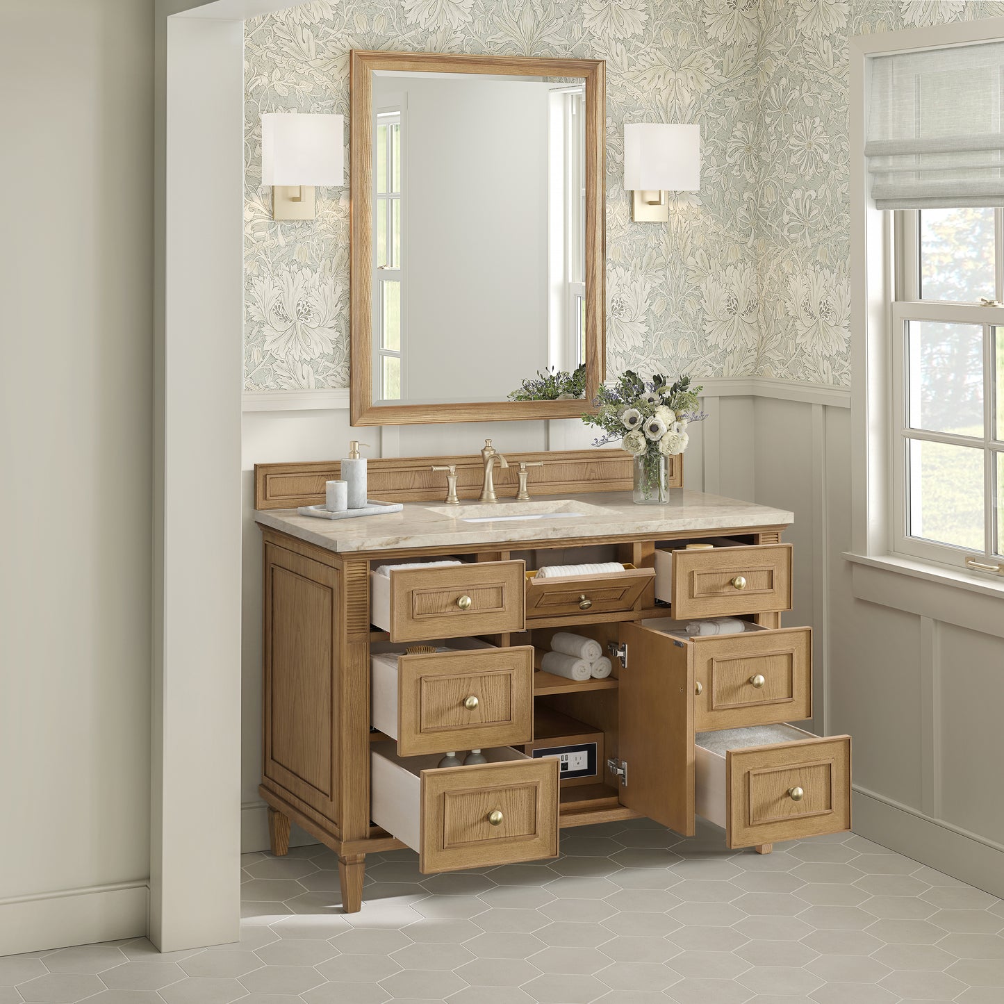 Renovate for Less Atlanta Lorelai 48" Single Vanity, Light Natural Oak, w/ 3 CM Tajnar Eclos Top