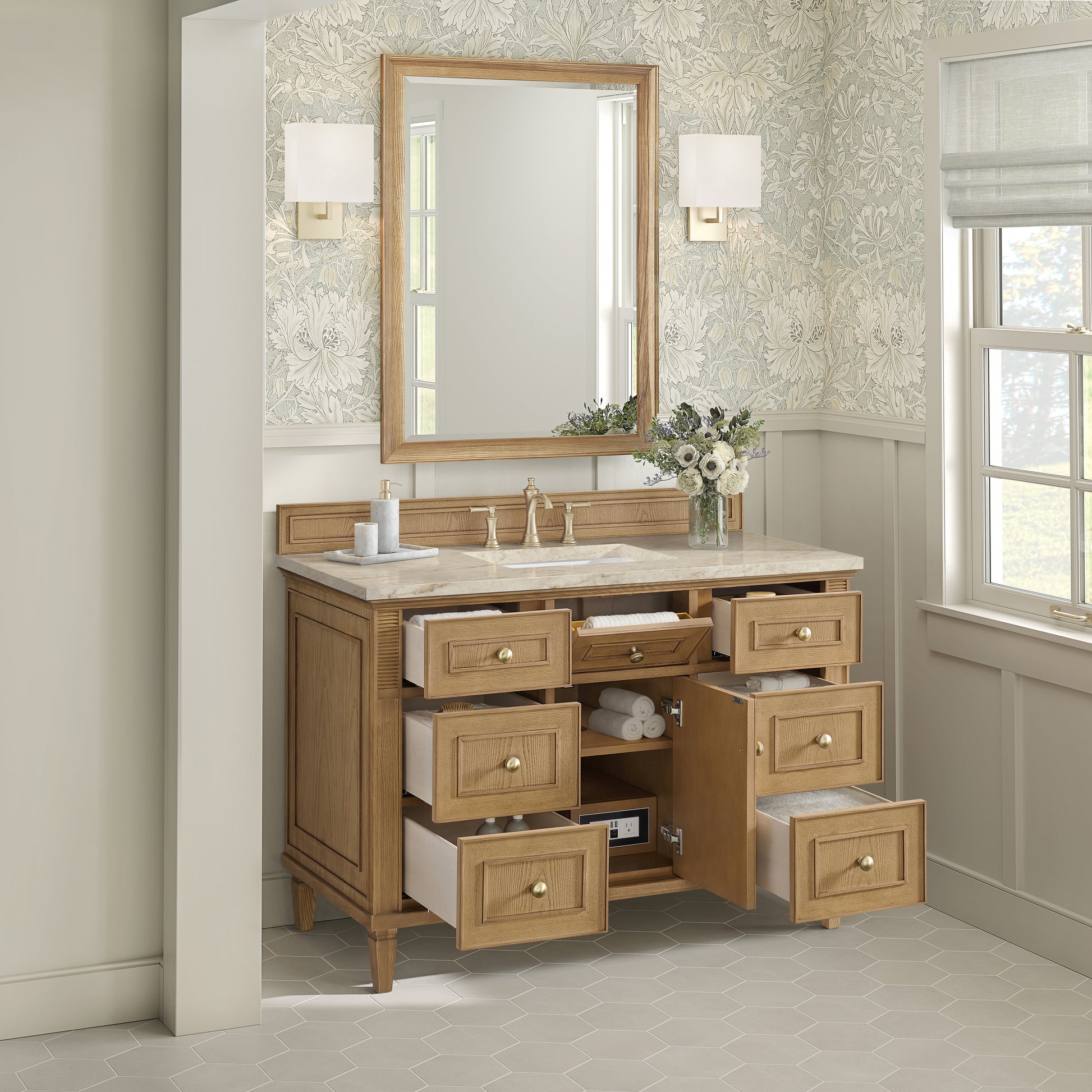 Renovate for Less Atlanta Lorelai 48" Single Vanity, Light Natural Oak, w/ 3 CM Tajnar Eclos Top