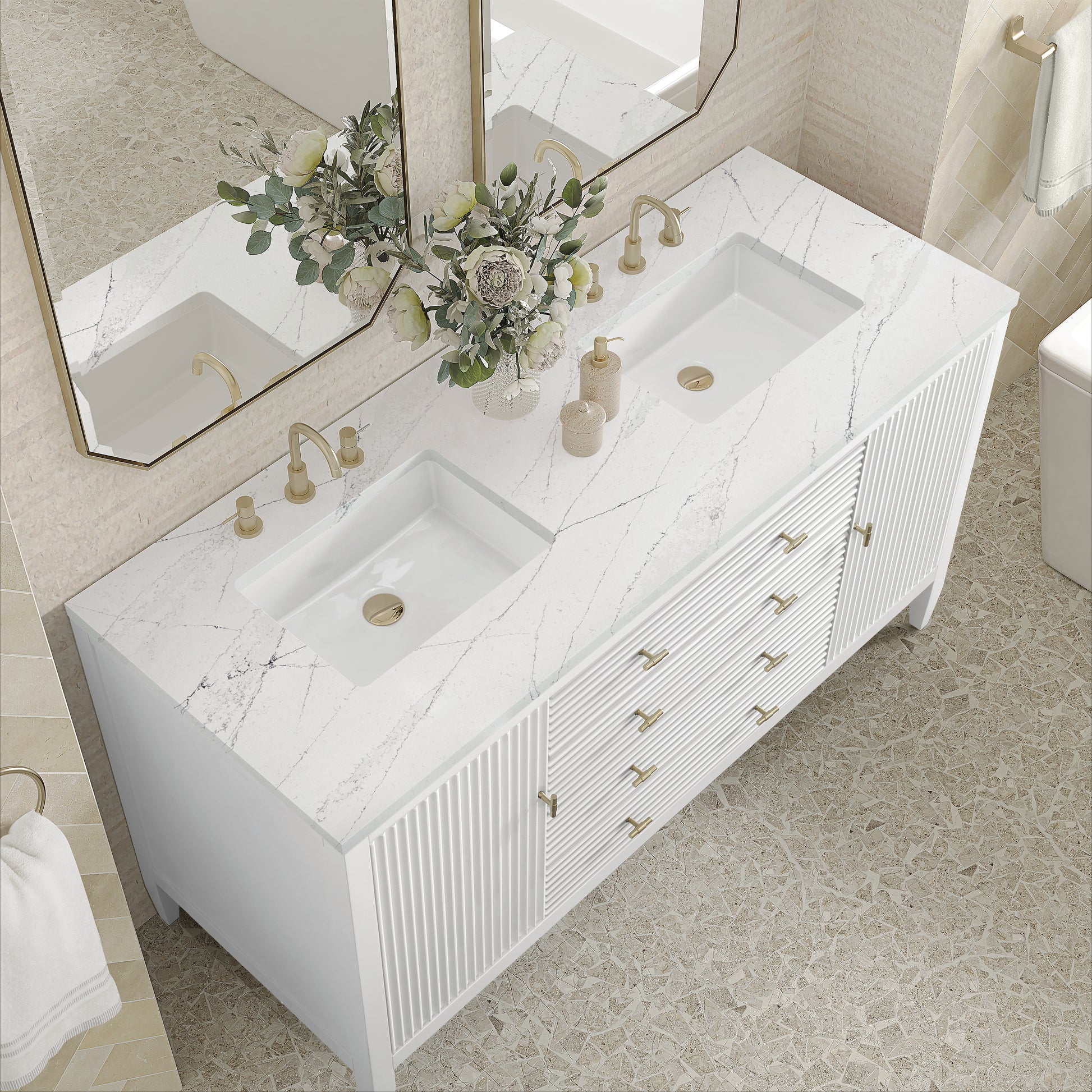 Renovate for Less Atlanta Myrrin 60" Double Vanity, Bright White w/ 3 CM Ethereal Noctis Silestone Top