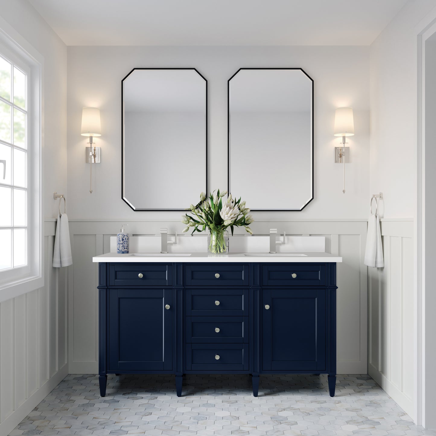 Renovate for Less Atlanta Brittany 60" Double Vanity, Victory Bleu w/ Single Hole 3 CM White Zeus Silestone Top & Backsplash