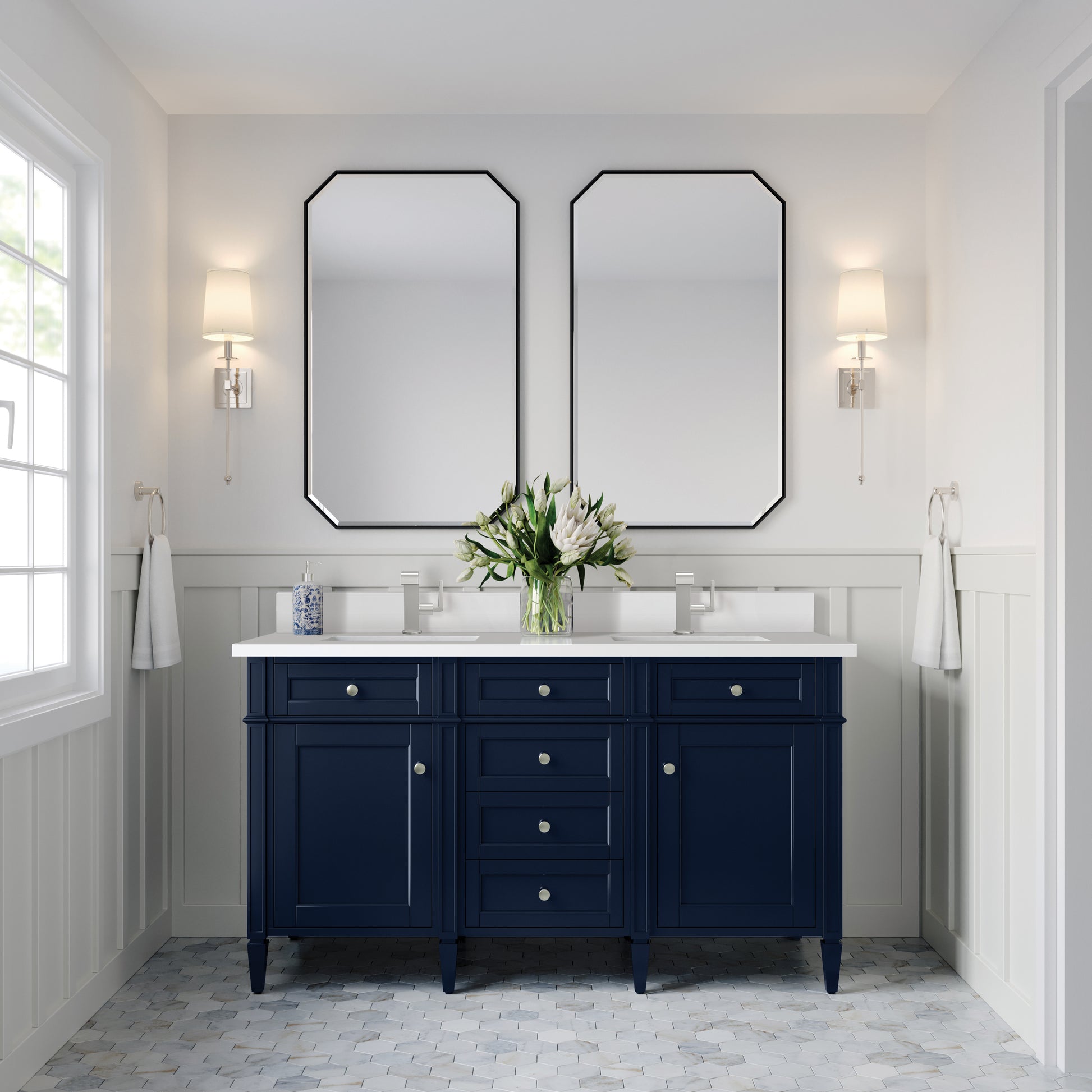 Renovate for Less Atlanta Brittany 60" Double Vanity, Victory Bleu w/ Single Hole 3 CM White Zeus Silestone Top & Backsplash