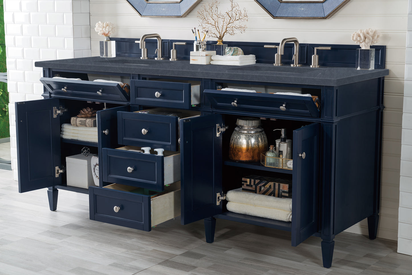 Renovate for Less Atlanta Brittany 72" Double Vanity, Victory Blue w/ 3 CM Charcoal Soapstone Silestone Top