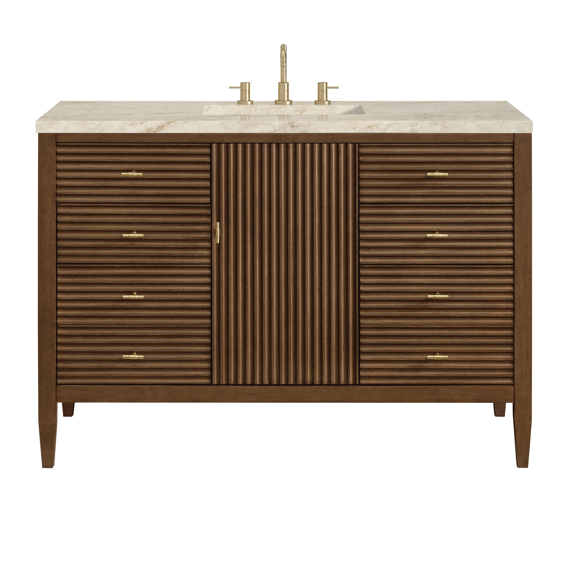 Renovate for Less Atlanta Myrrin 48" Single Vanity, Mid Century Walnut, w/ 3 CM Tajnar Eclos Top w/FreePower Wireless Charger