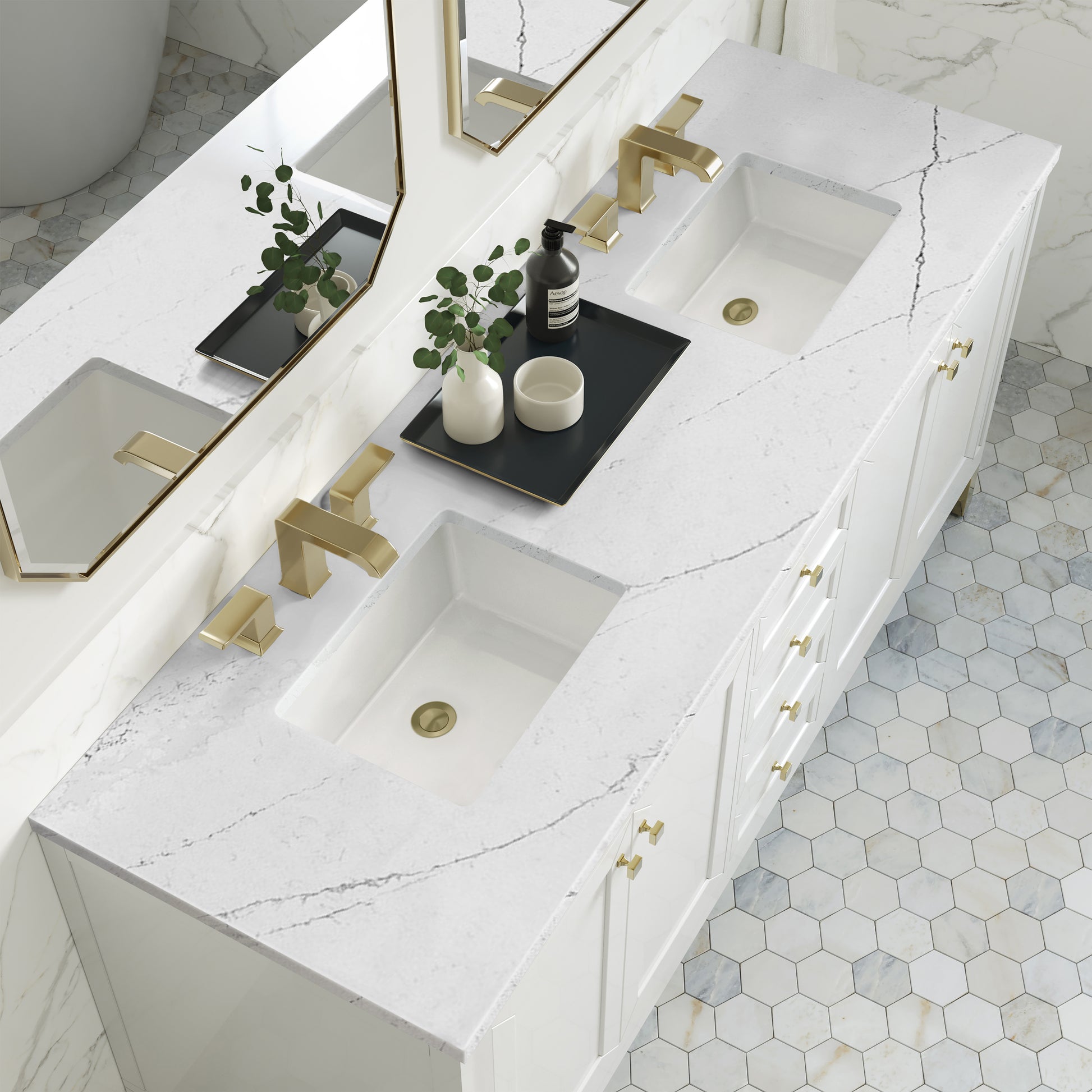 Renovate for Less Atlanta Chicago 72" Double Vanity, Glossy White, w/ 3 CM Ethereal Noctis Silestone® Top