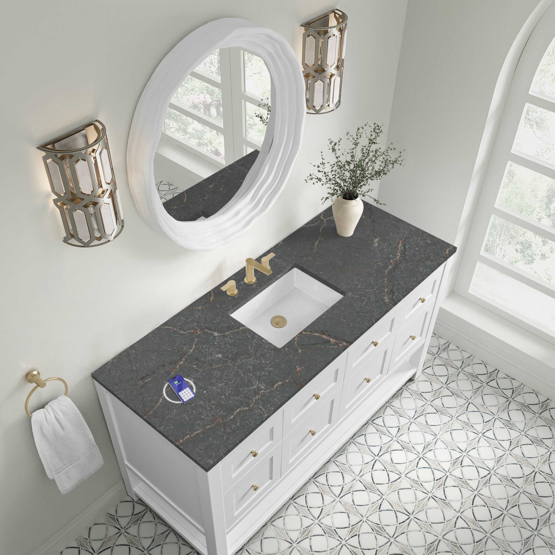 Renovate for Less Atlanta Breckenridge 60" Single Vanity Cabinet, Bright White w/ 3 CM Parisien Bleu Top w/ FreePower Wireless Charger