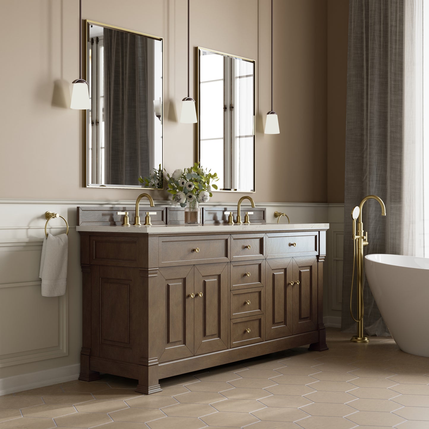 Renovate for Less Atlanta Brookfield 72" Double Vanity, Pecan, w/ 3 CM Siberian Silestone Top w/FreePower Wireless Charger