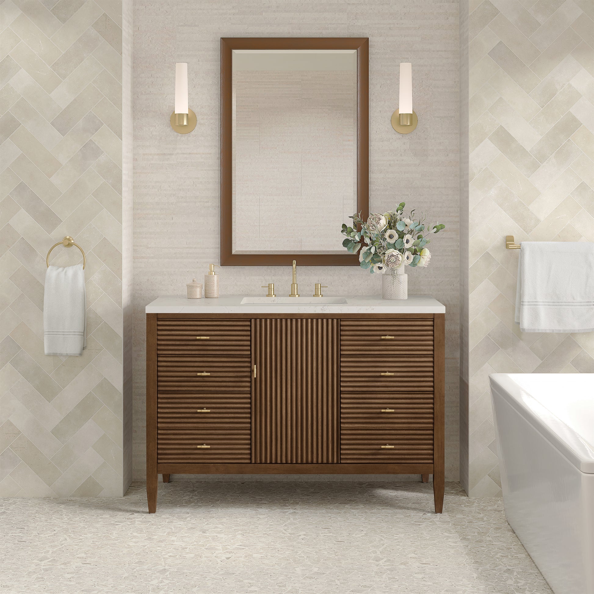 Renovate for Less Atlanta Myrrin 48" Single Vanity, Mid Century Walnut, w/ 3 CM Siberian Silestone Top w/FreePower Wireless Charger