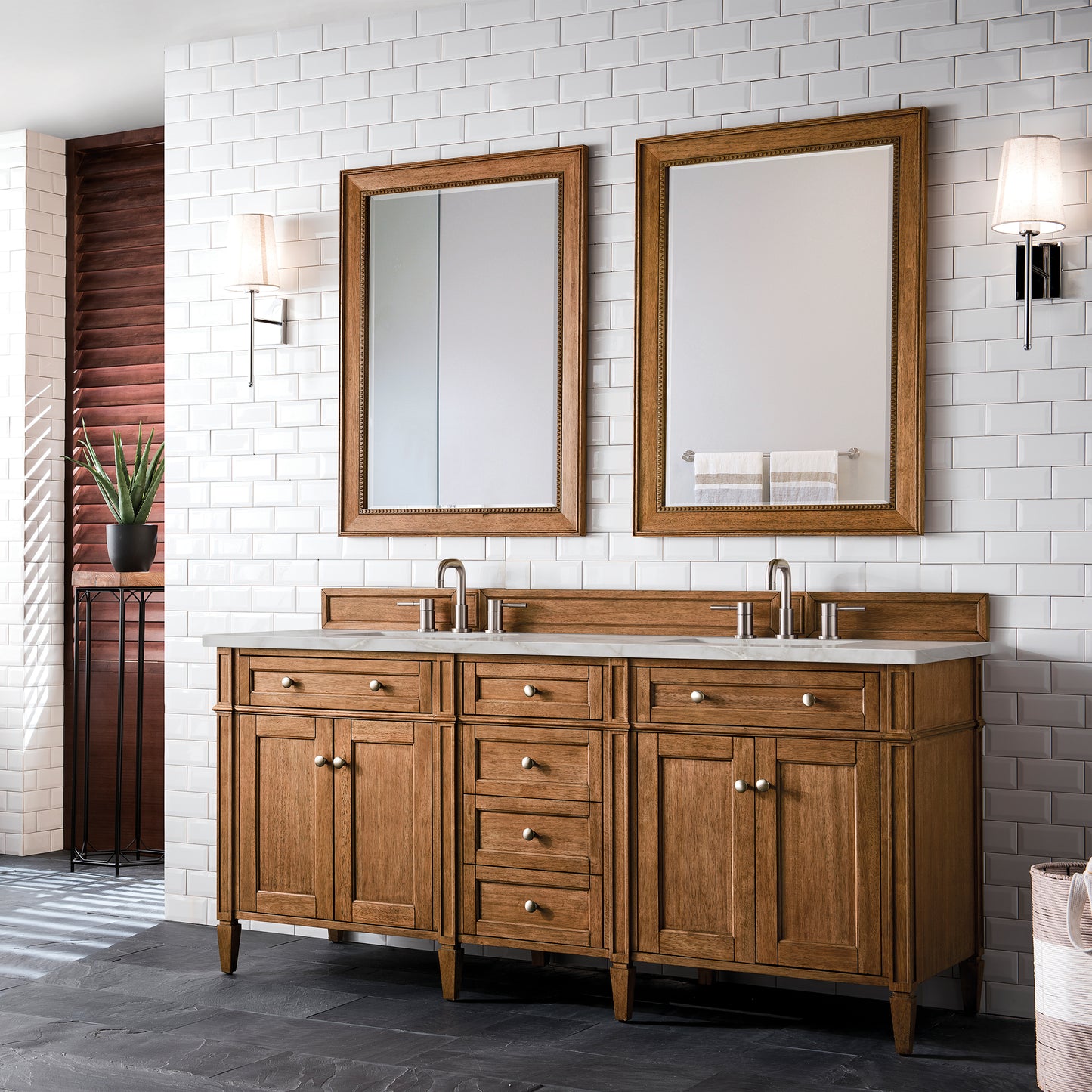 Renovate for Less Atlanta Brittany 72" Double Vanity, Saddle Brown w/ 3 CM Victorian Silver Silestone Top w/FreePower Wireless Charger
