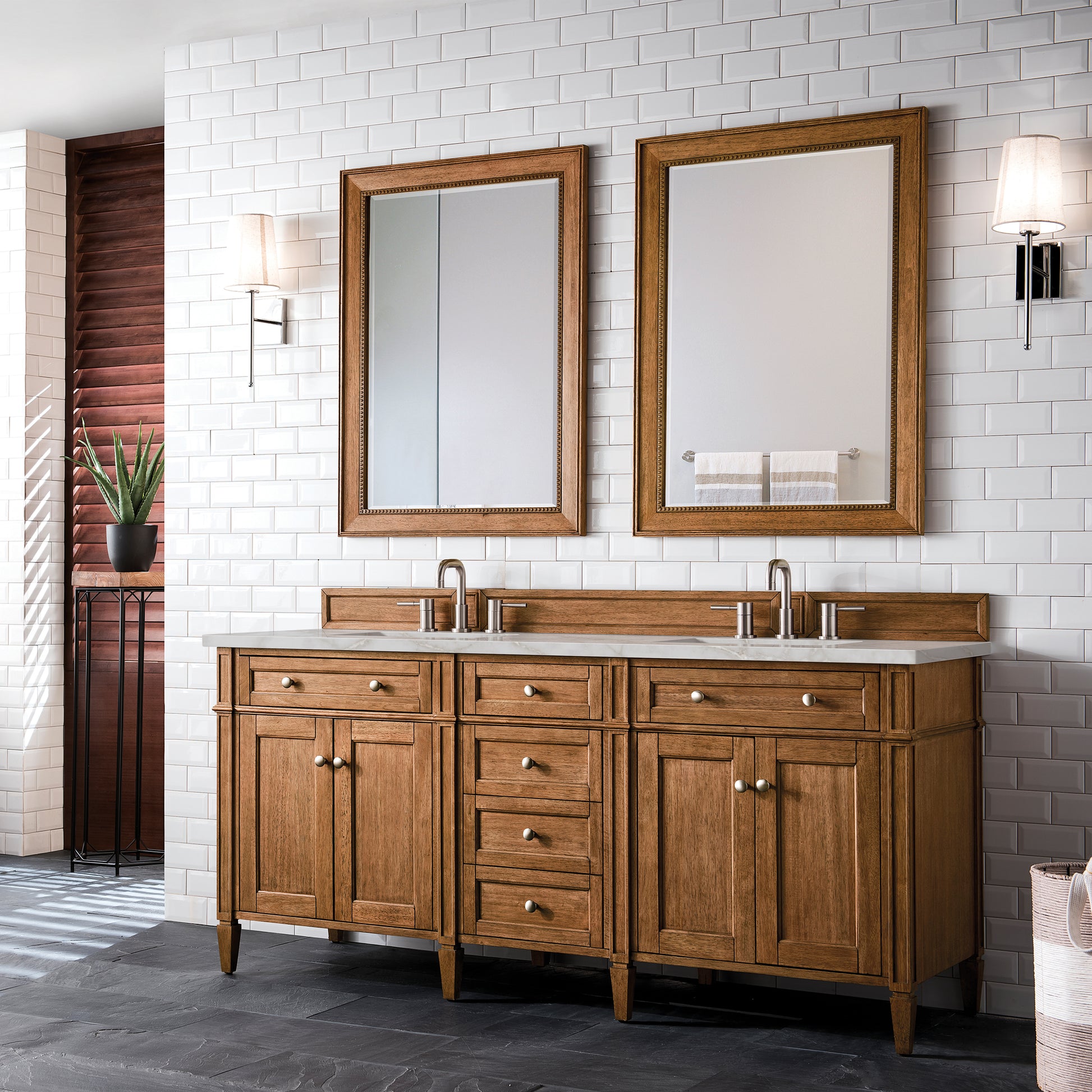 Renovate for Less Atlanta Brittany 72" Double Vanity, Saddle Brown w/ 3 CM Victorian Silver Silestone Top w/FreePower Wireless Charger