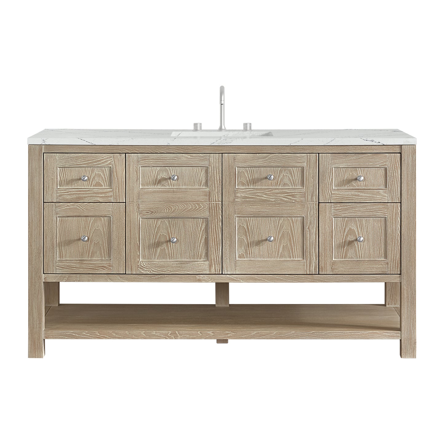Renovate for Less Atlanta Breckenridge 60" Single Vanity, Whitewashed Oak, w/ 3 CM Ethereal Noctis Silestone Top w/ FreePower Wireless Charger