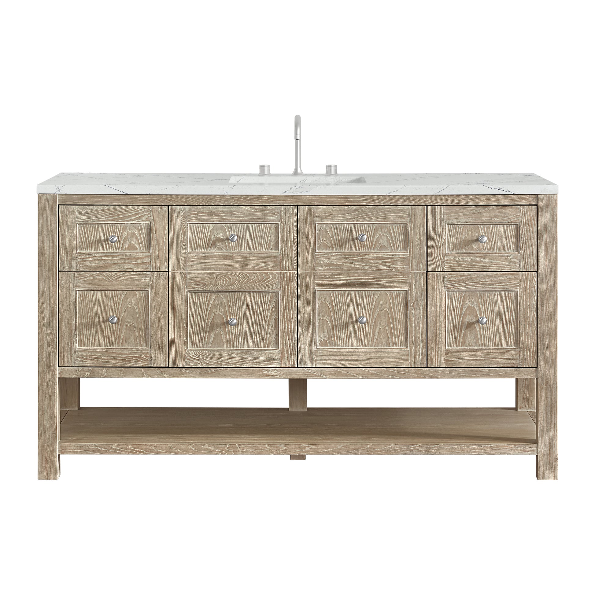 Renovate for Less Atlanta Breckenridge 60" Single Vanity, Whitewashed Oak, w/ 3 CM Ethereal Noctis Silestone Top w/ FreePower Wireless Charger