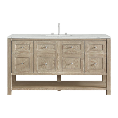 Renovate for Less Atlanta Breckenridge 60" Single Vanity, Whitewashed Oak, w/ 3 CM Ethereal Noctis Silestone Top w/ FreePower Wireless Charger