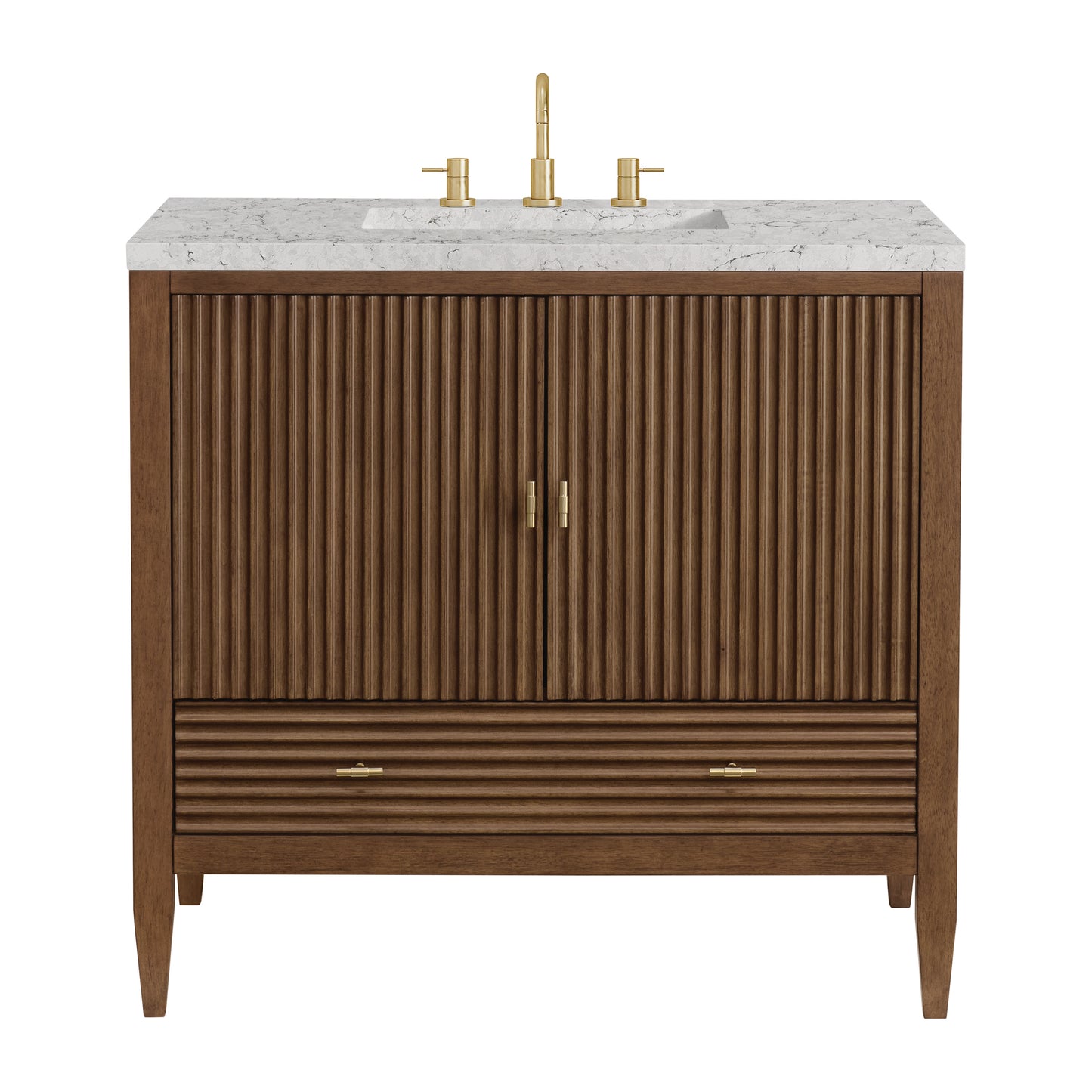 Renovate for Less Atlanta Myrrin 36" Vanity, Mid Century Walnut w/ 3 CM Eternal Jasmine Pearl Silestone Top