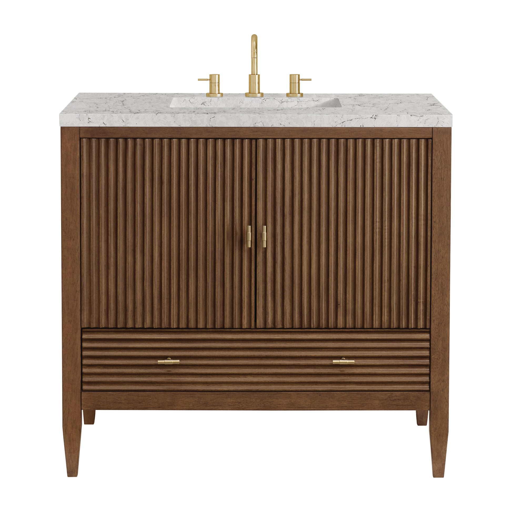 Renovate for Less Atlanta Myrrin 36" Vanity, Mid Century Walnut w/ 3 CM Eternal Jasmine Pearl Silestone Top