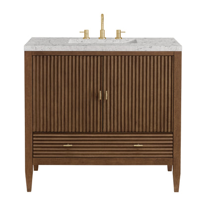 Renovate for Less Atlanta Myrrin 36" Vanity, Mid Century Walnut w/ 3 CM Eternal Jasmine Pearl Silestone Top