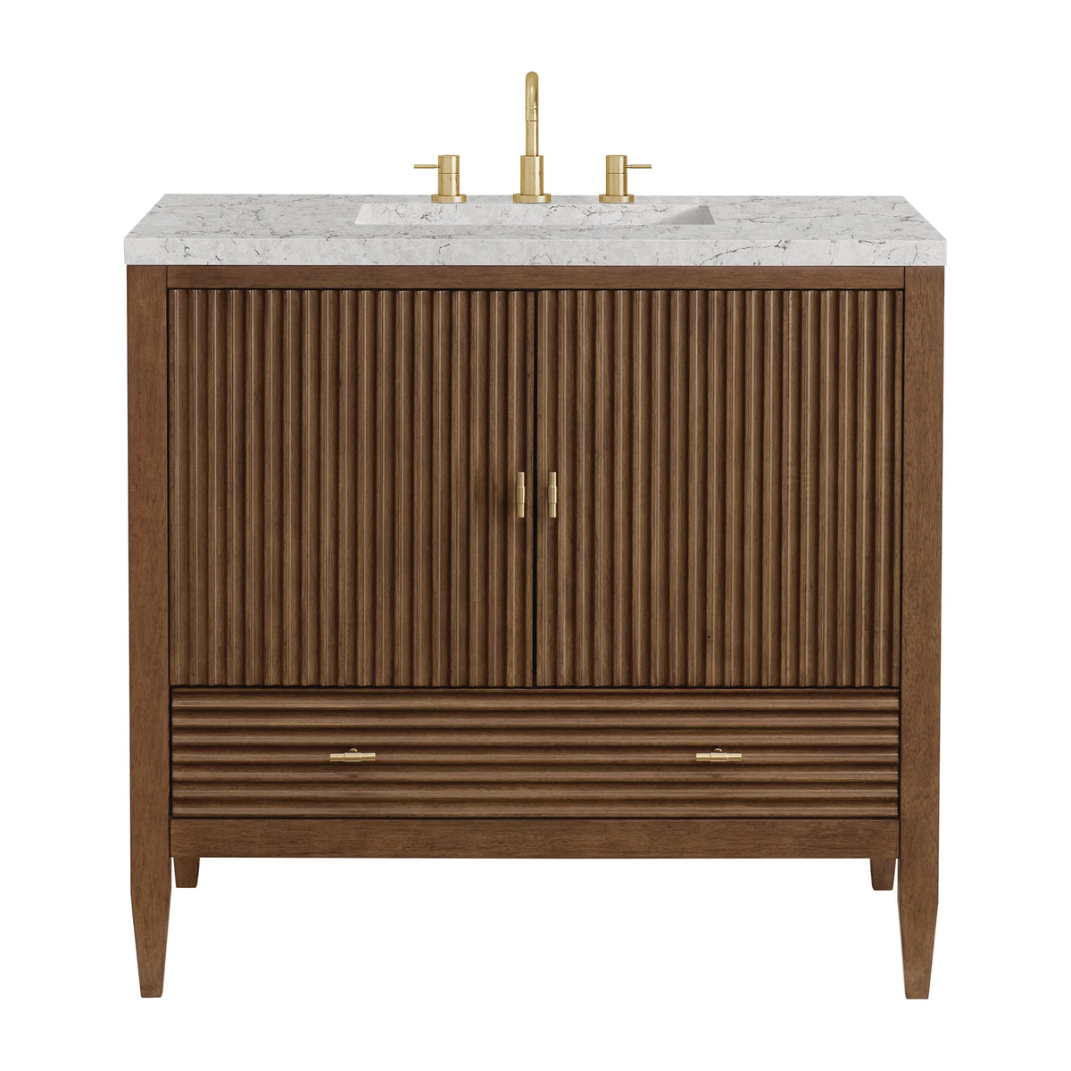 Myrrin 36" Vanity, Mid Century Walnut w/ 3 CM Eternal Jasmine Pearl Silestone Top