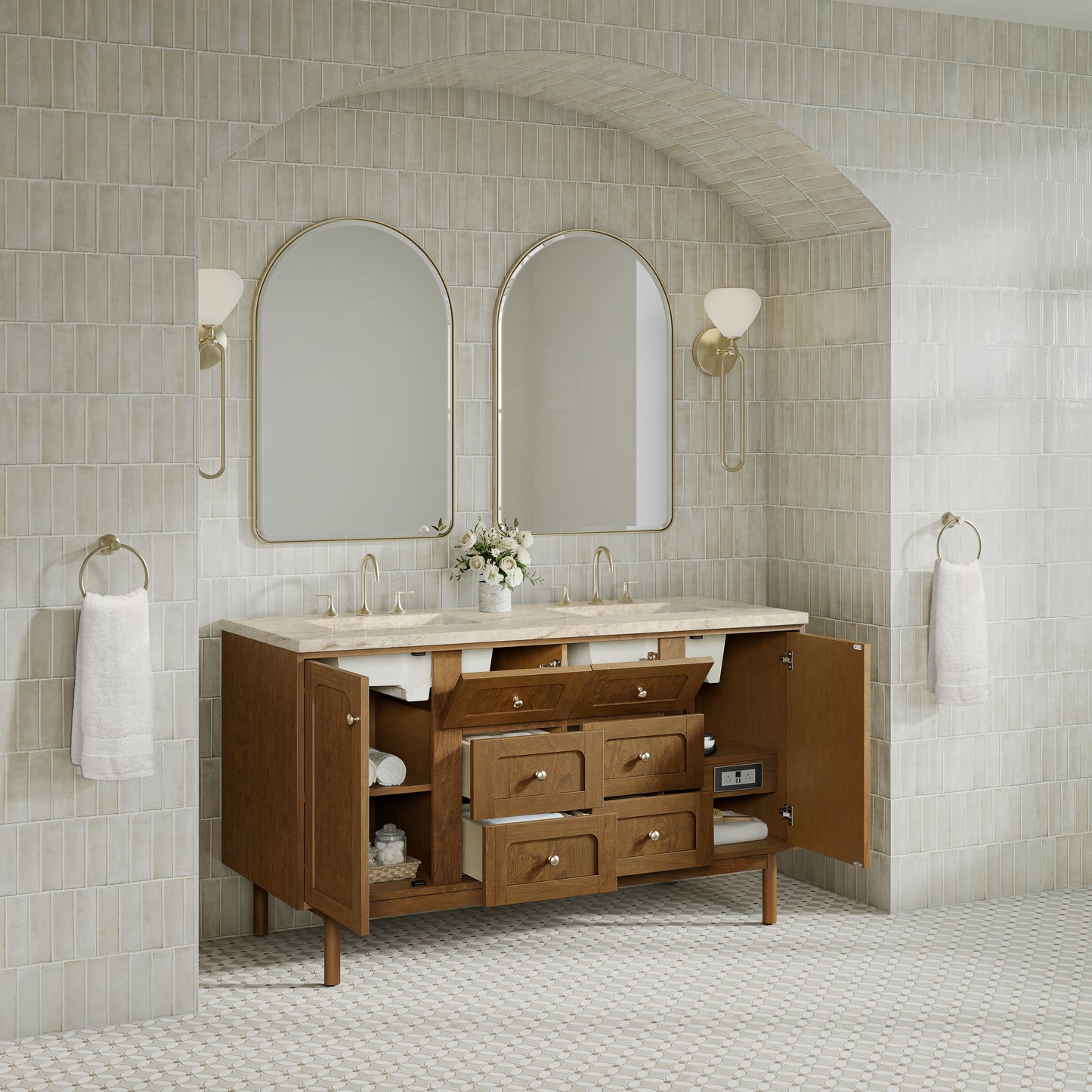 Renovate for Less Atlanta Laurent 60" Double Vanity, Honey Oak w/ 3 CM Tajnar Eclos Top