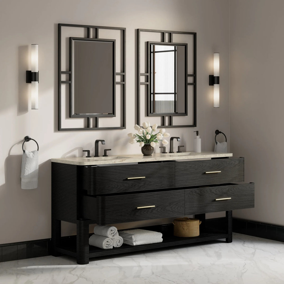 Lucian 72" Double Vanity, Carbon Oak, w/ 3 CM Tajnar Eclos Widespread Top