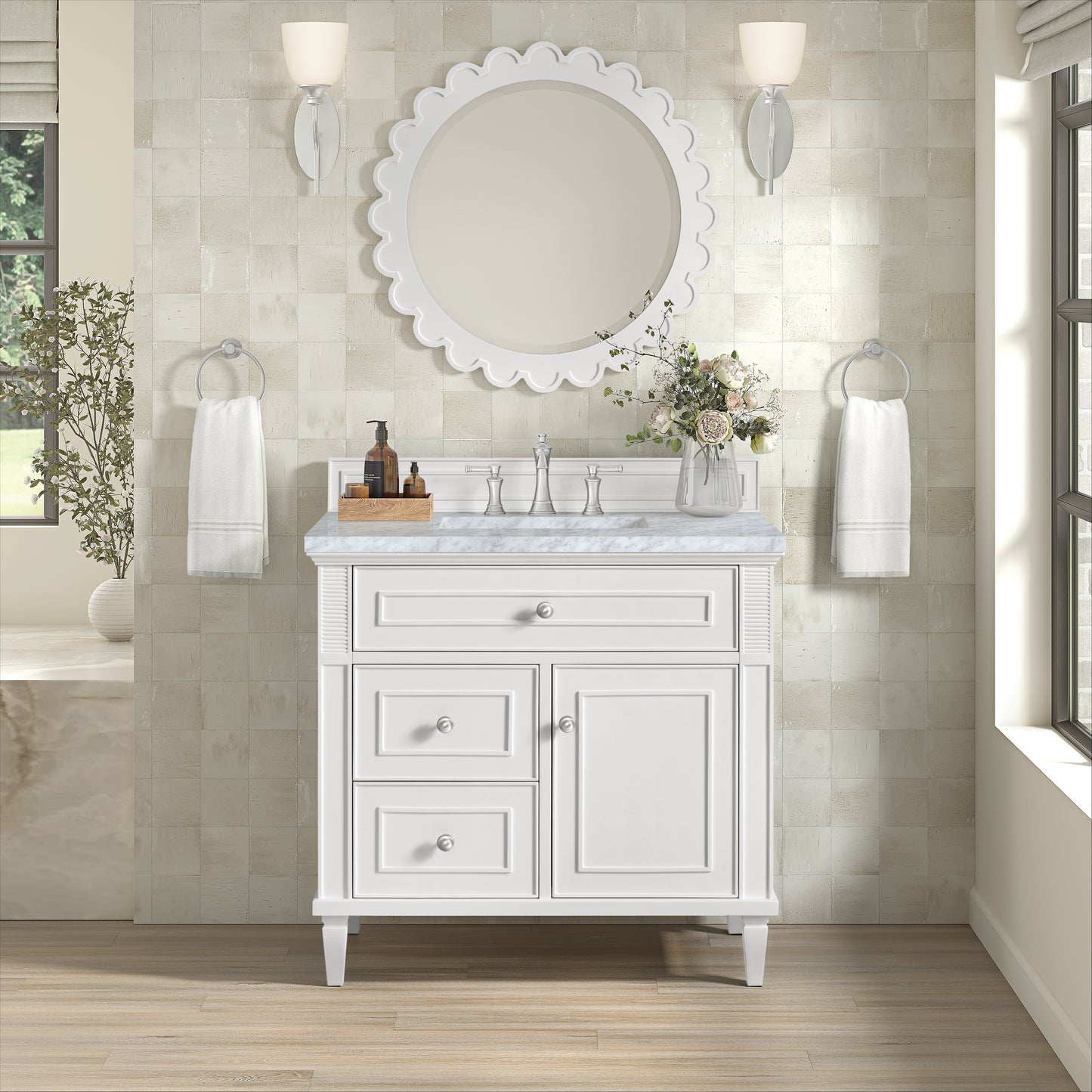 Renovate for Less Atlanta Lorelai 36" Single Vanity, Bright White w/ 3 CM Carrara White Marble Top