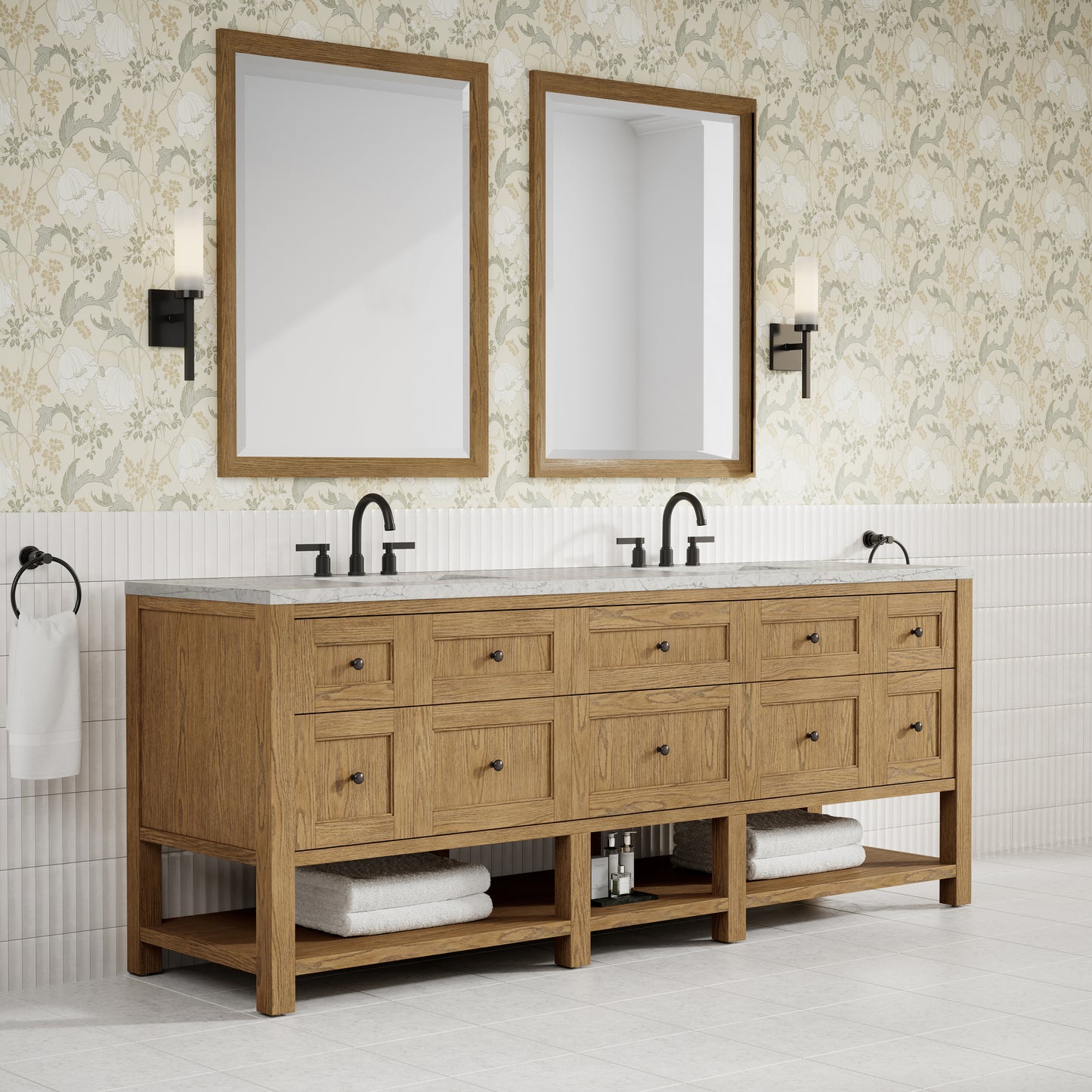 Renovate for Less Atlanta Breckenridge 84" Double Vanity, Light Natural Oak w/ 3 CM Eternal Jasmine Pearl Top