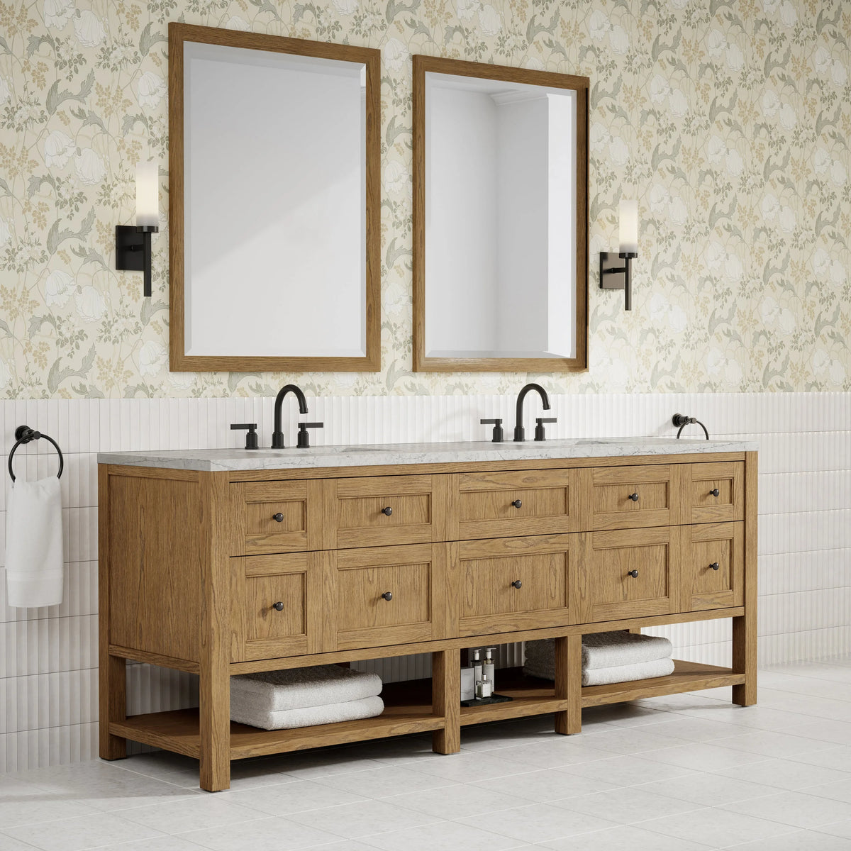 Breckenridge 84" Double Vanity, Light Natural Oak w/ 3 CM Eternal Jasmine Pearl Top