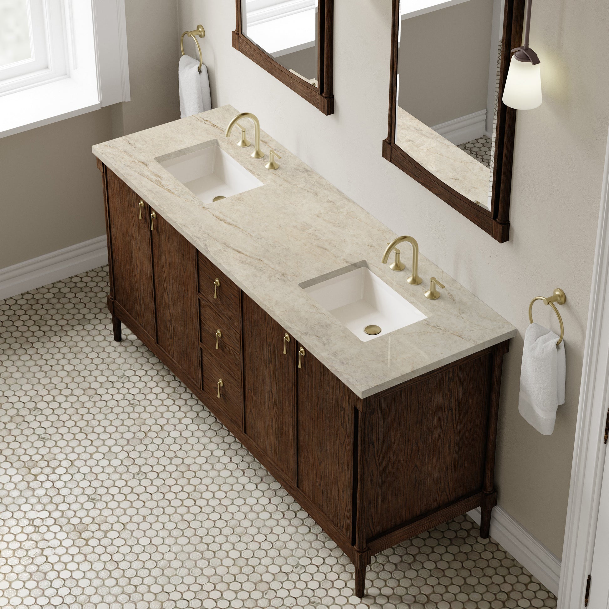 Renovate for Less Atlanta Kinnsden 72" Double Vanity, Sable Oak w/ 3 CM Tajnar Eclos Top