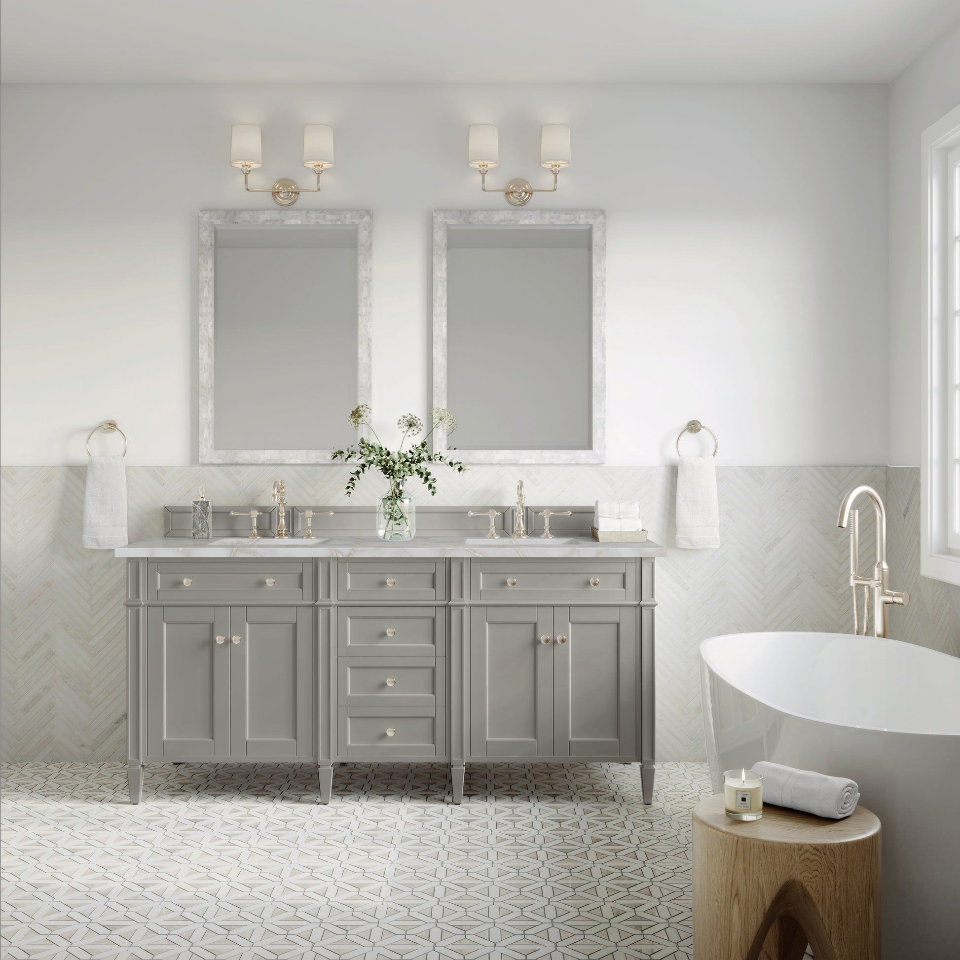 Renovate for Less Atlanta Brittany 72" Double Vanity, Urban Gray w/ 3 CM Victorian Silver Silestone Top w/FreePower Wireless Charger