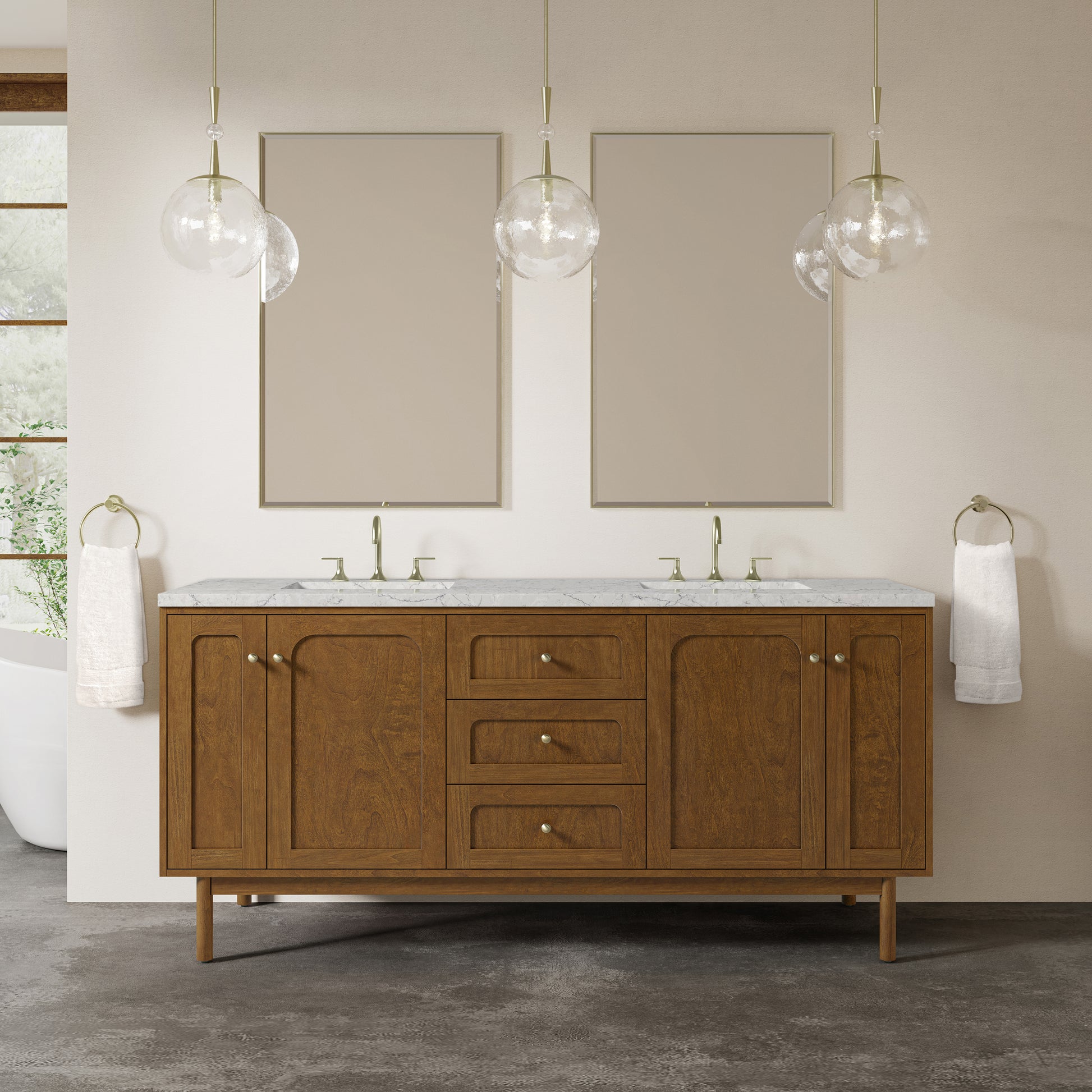 Renovate for Less Atlanta Laurent 72" Double Vanity, Honey Oak w/ 3 CM Eternal Jasmine Pearl Silestone Top