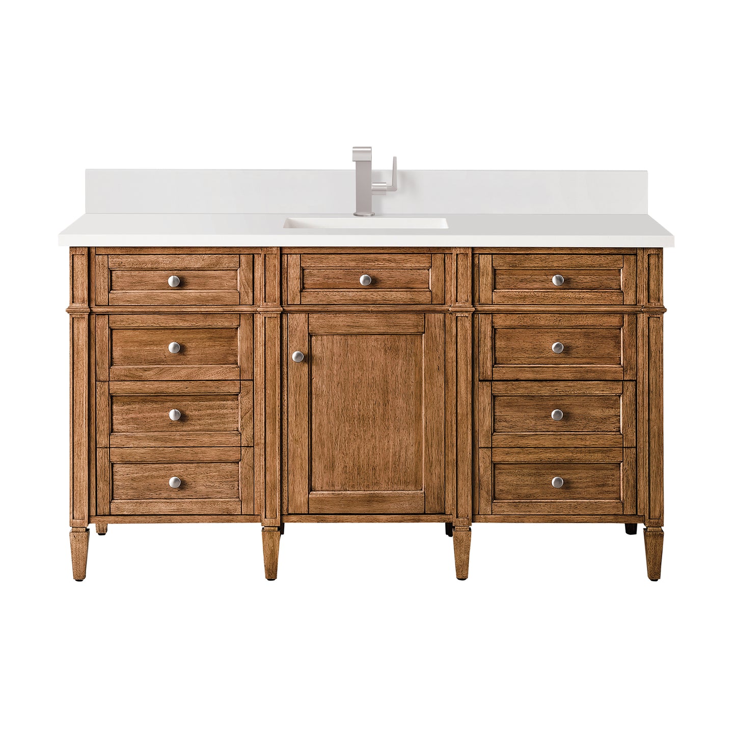 Renovate for Less Atlanta Brittany 60" Single Vanity, Saddle Brown w/ Single Hole 3 CM White Zeus Silestone Top & Backsplash