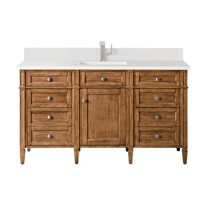 Renovate for Less Atlanta Brittany 60" Single Vanity, Saddle Brown w/ Single Hole 3 CM White Zeus Silestone Top & Backsplash