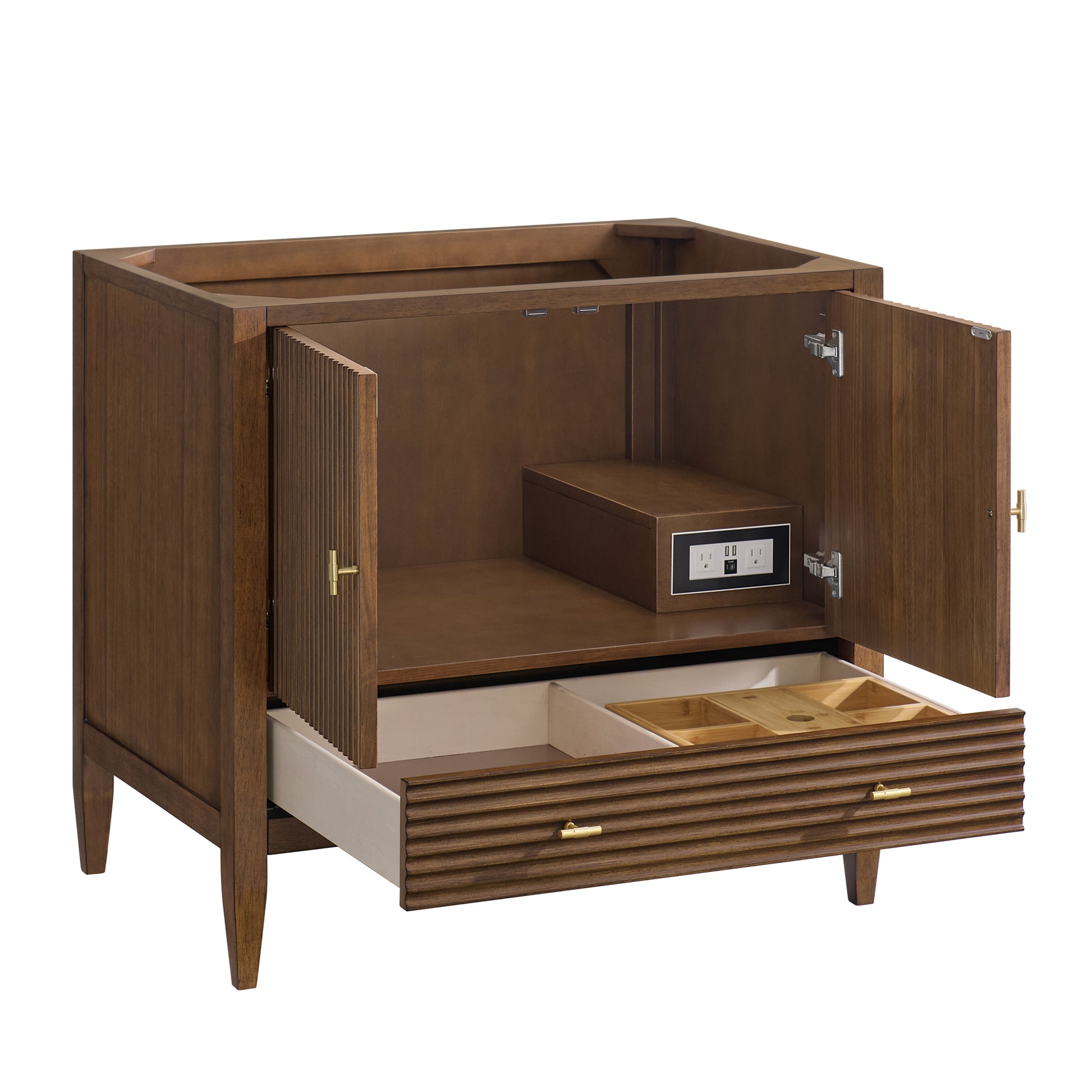 Renovate for Less Atlanta Myrrin 36" Vanity, Mid Century Walnut w/ 3 CM Eternal Jasmine Pearl Silestone Top