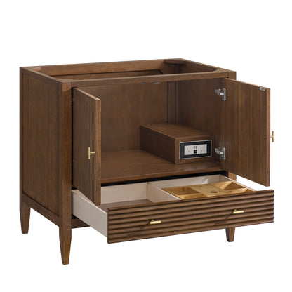 Renovate for Less Atlanta Myrrin 36" Vanity, Mid Century Walnut w/ 3 CM White Zeus Silestone Top