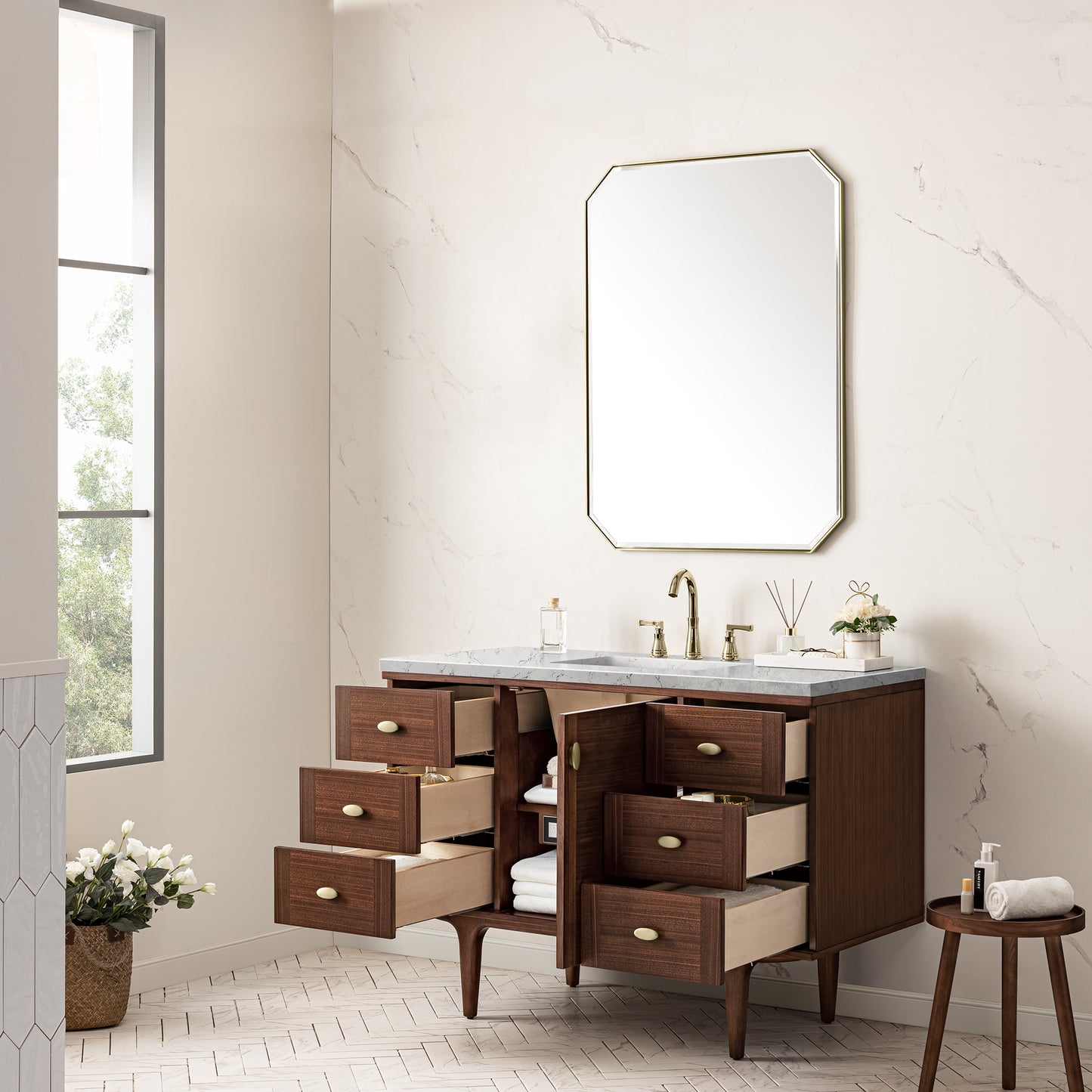 Renovate for Less Atlanta Amberly 48" Single Vanity, Mid-Century Walnut w/ 3 CM Eternal Jasmine Pearl Top